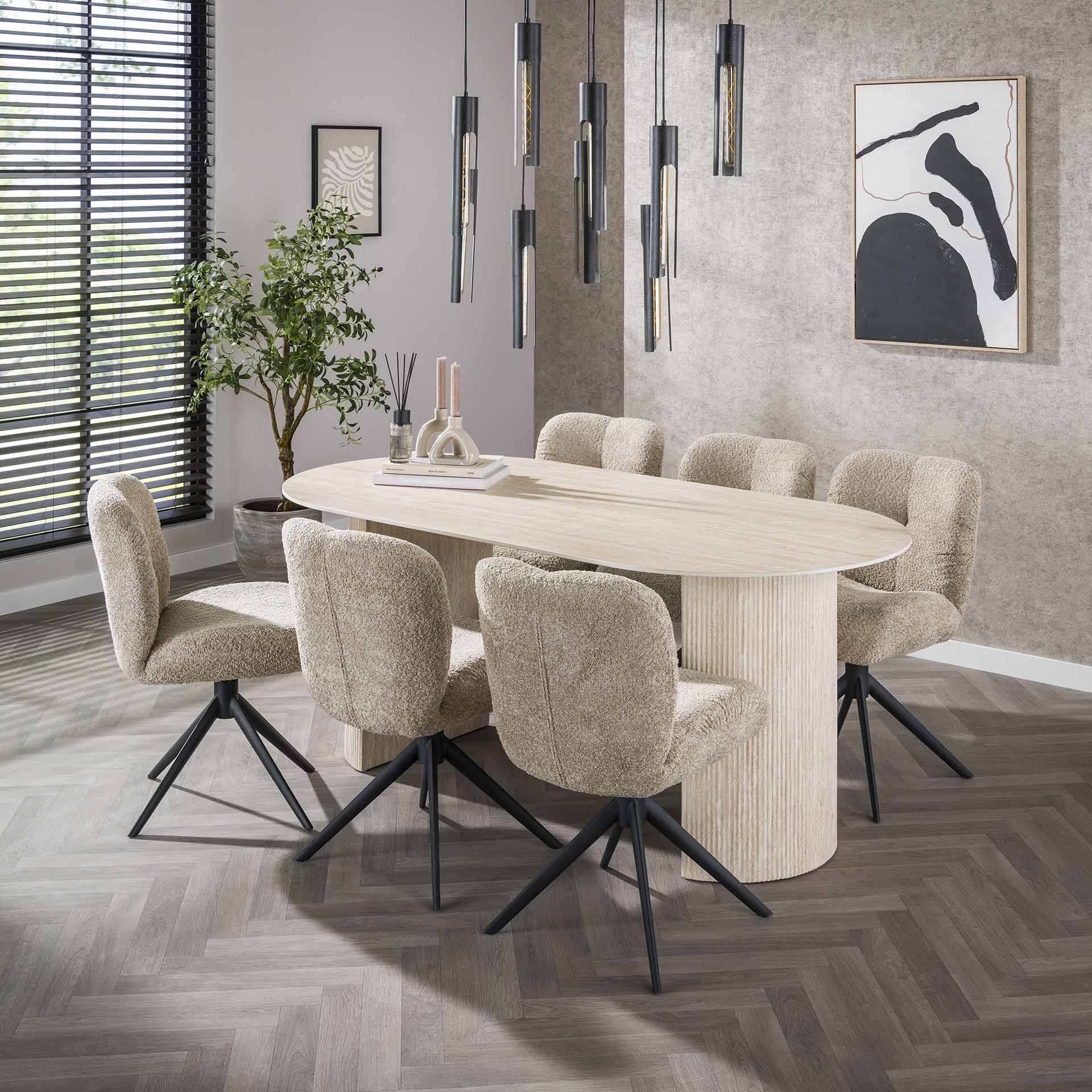 7er Essgruppe Retro Arch Organic 180 Travertin Keramik + Stühle Comfort