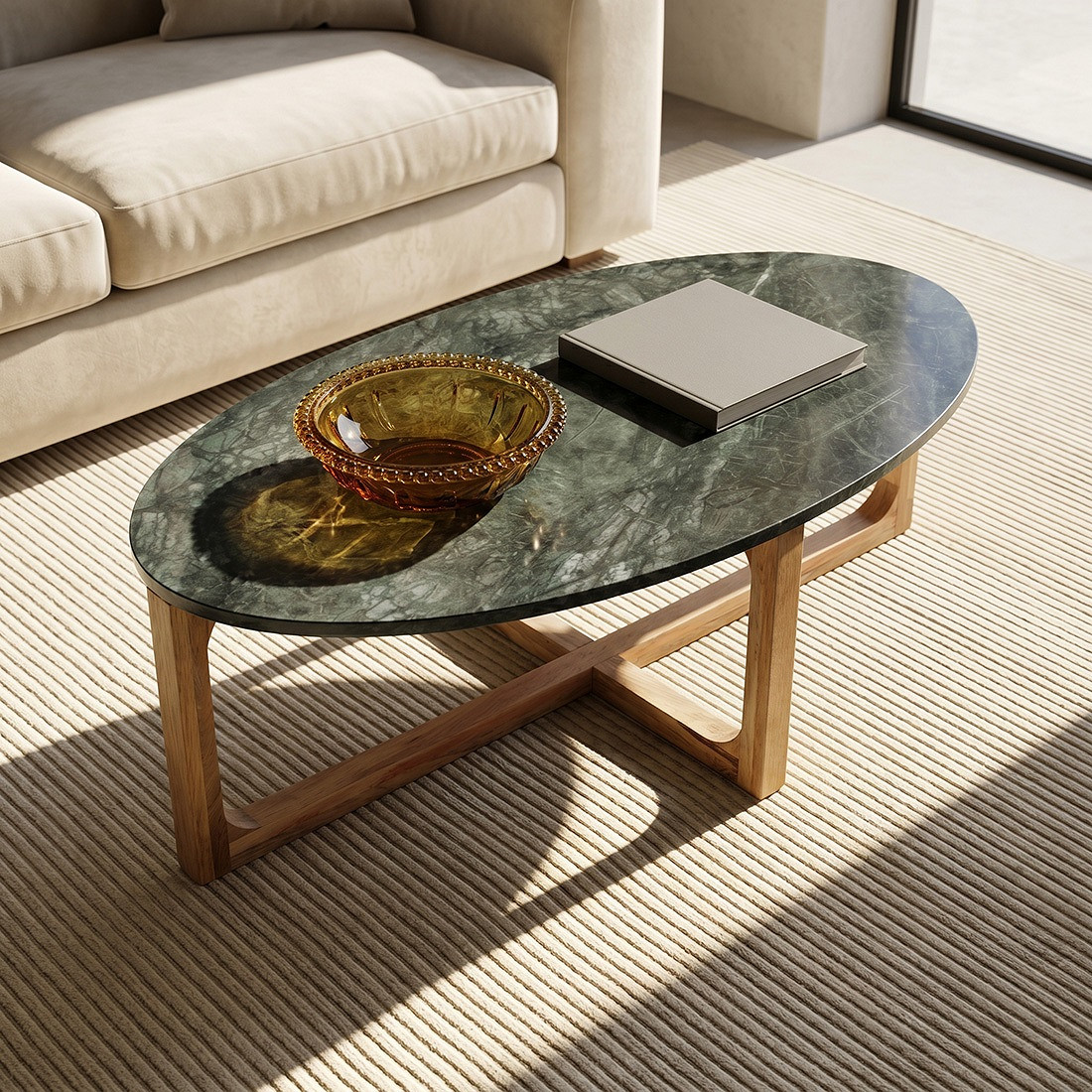 Retro Couchtisch Marble Marmor Holz Oval Grün
