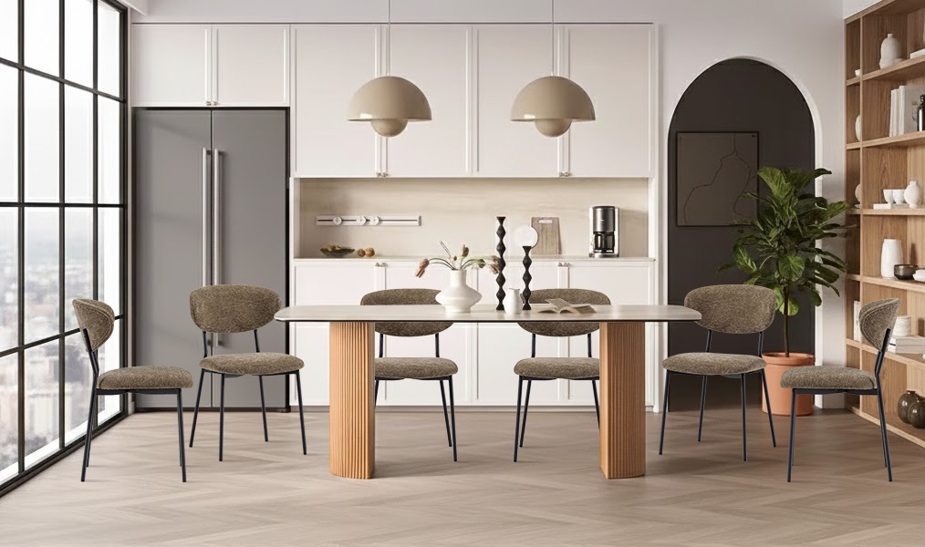  Essgruppe Travertin Tisch Roma + 6 Esszimmerstühle Kjeld Grün