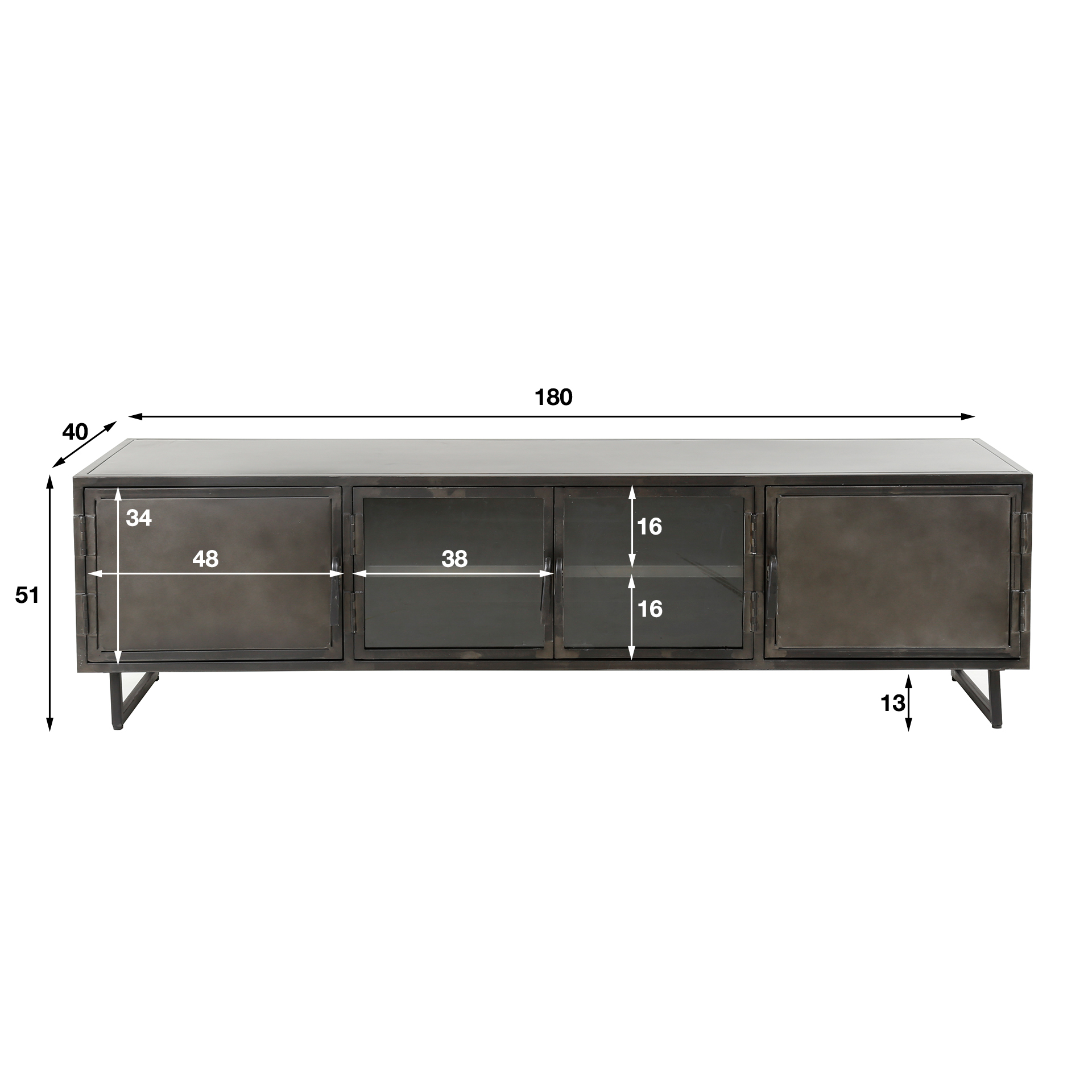 Industrial TV-Board Lowboard Rift Gun Metall Glas