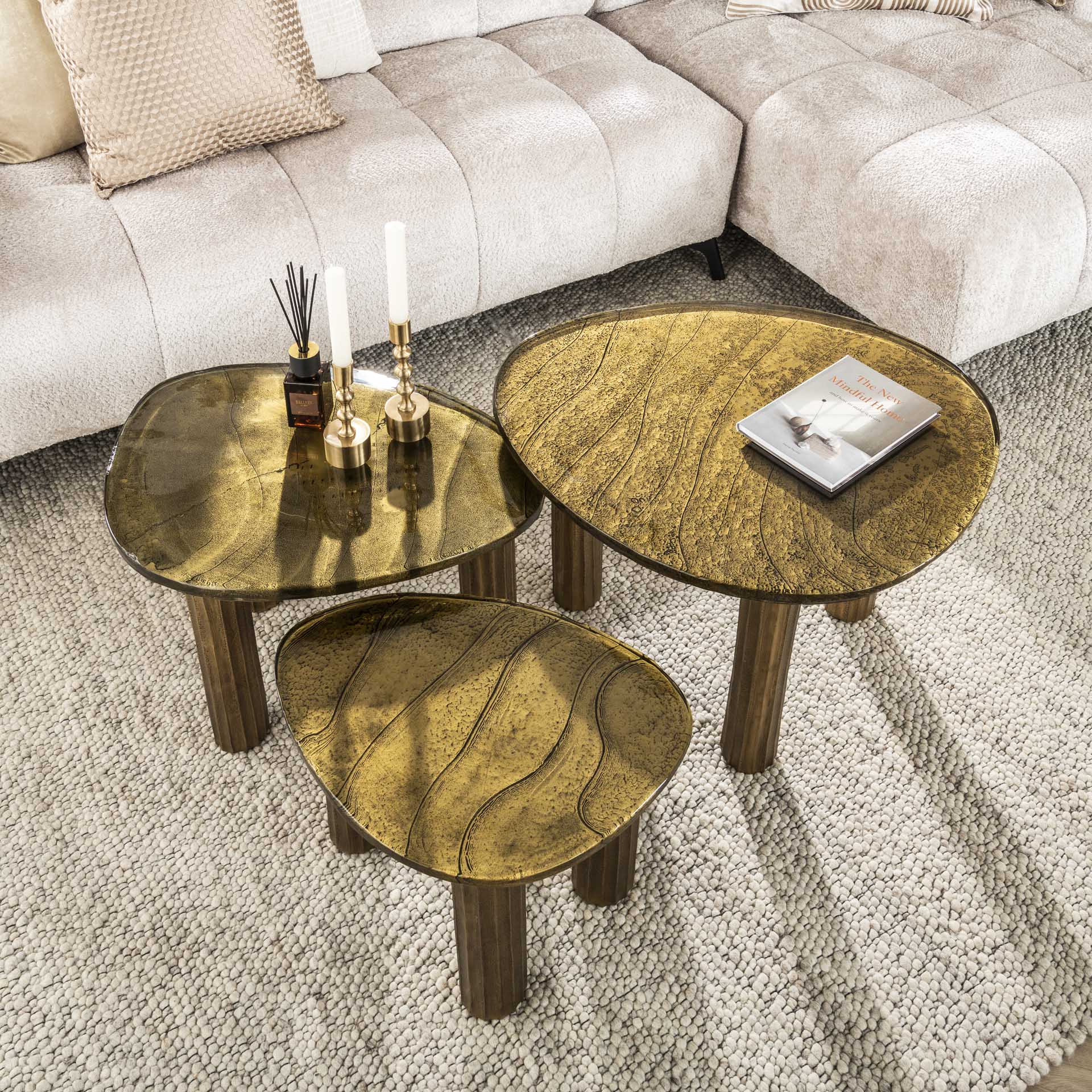 Retro Beistelltisch Eclipse Glas Metall Dreibeinig Antik-Gold oder Kupfer