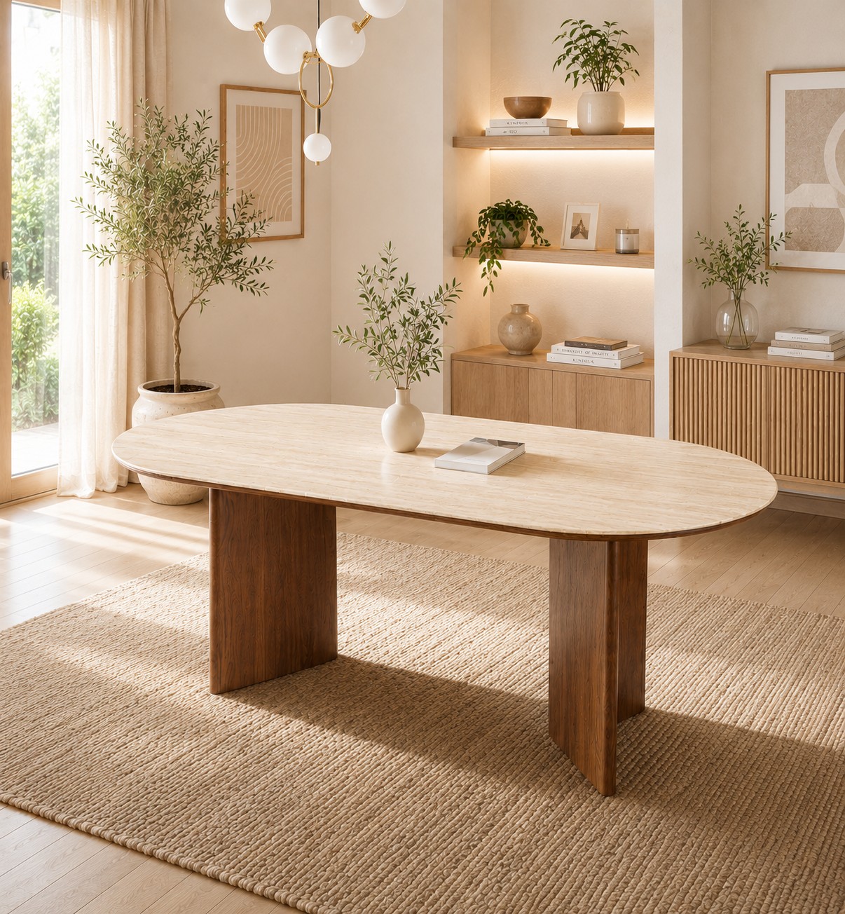 Esstisch Tivoli Travertin Keramik 180/200 Massivholz Esche