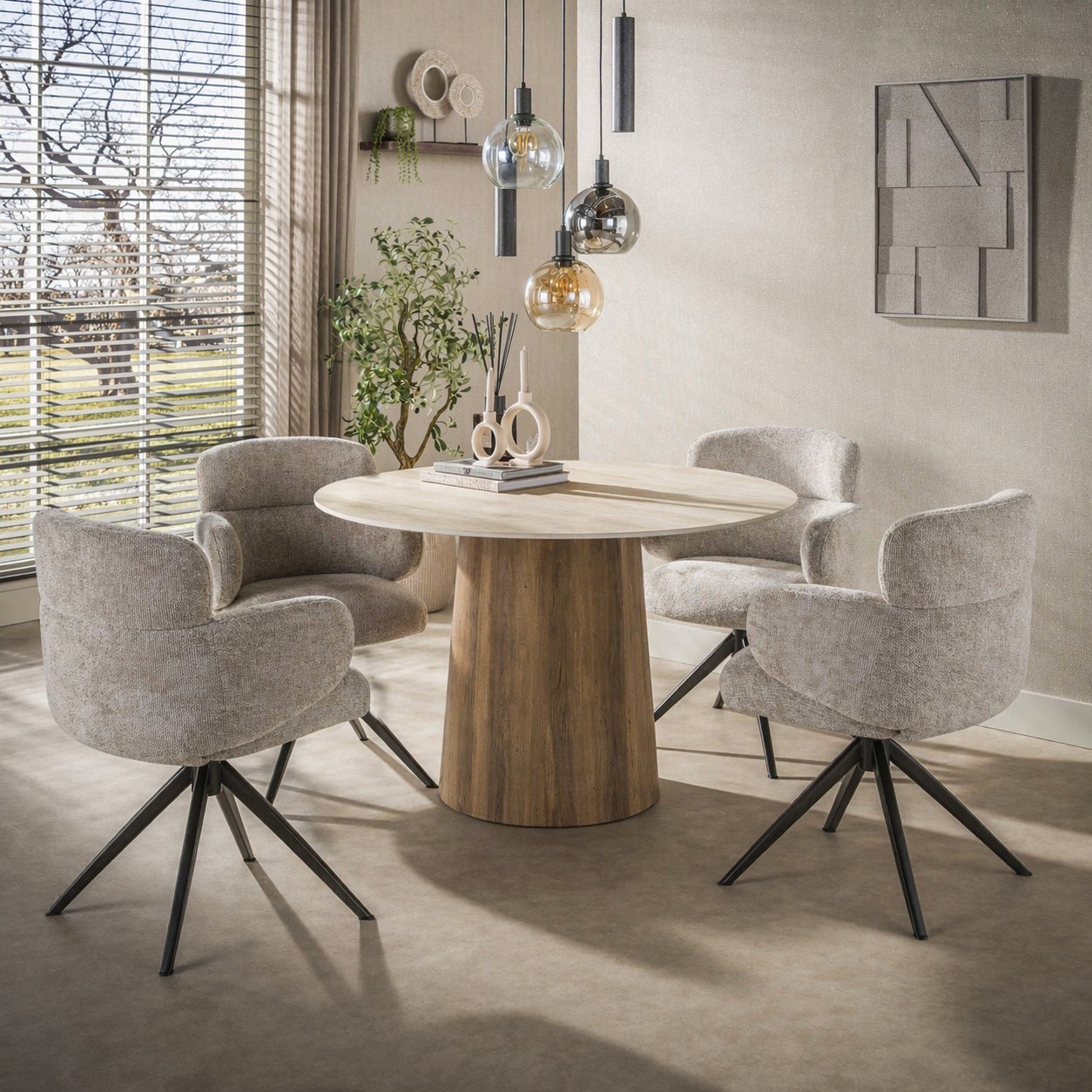 Retro Esstisch Romano Centro Rund Travertin Keramik Eichenoptik 120