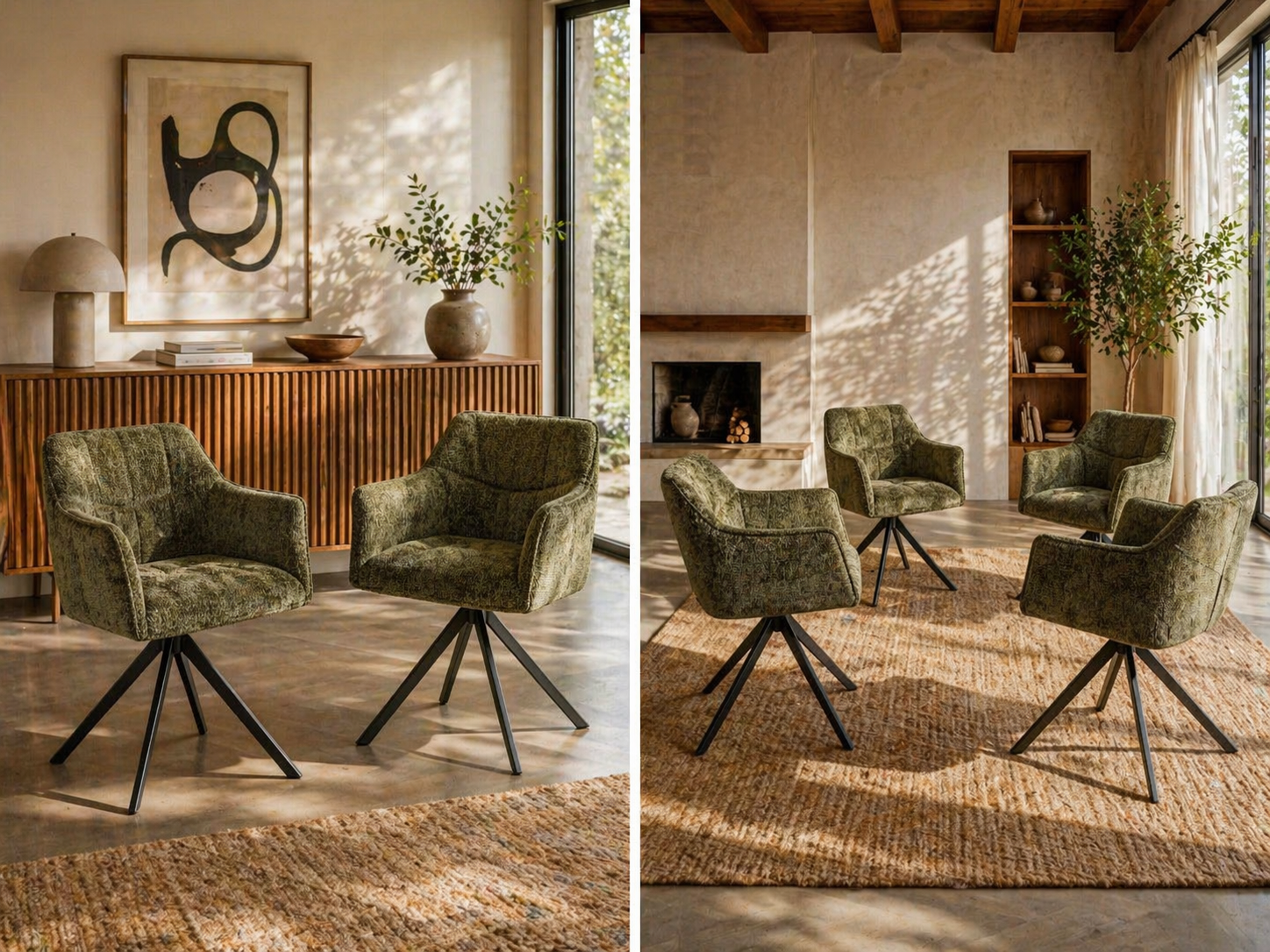 2er Set Esszimmerstuhl Armlehnstuhl Raster Drehbar Strukturstoff Grün