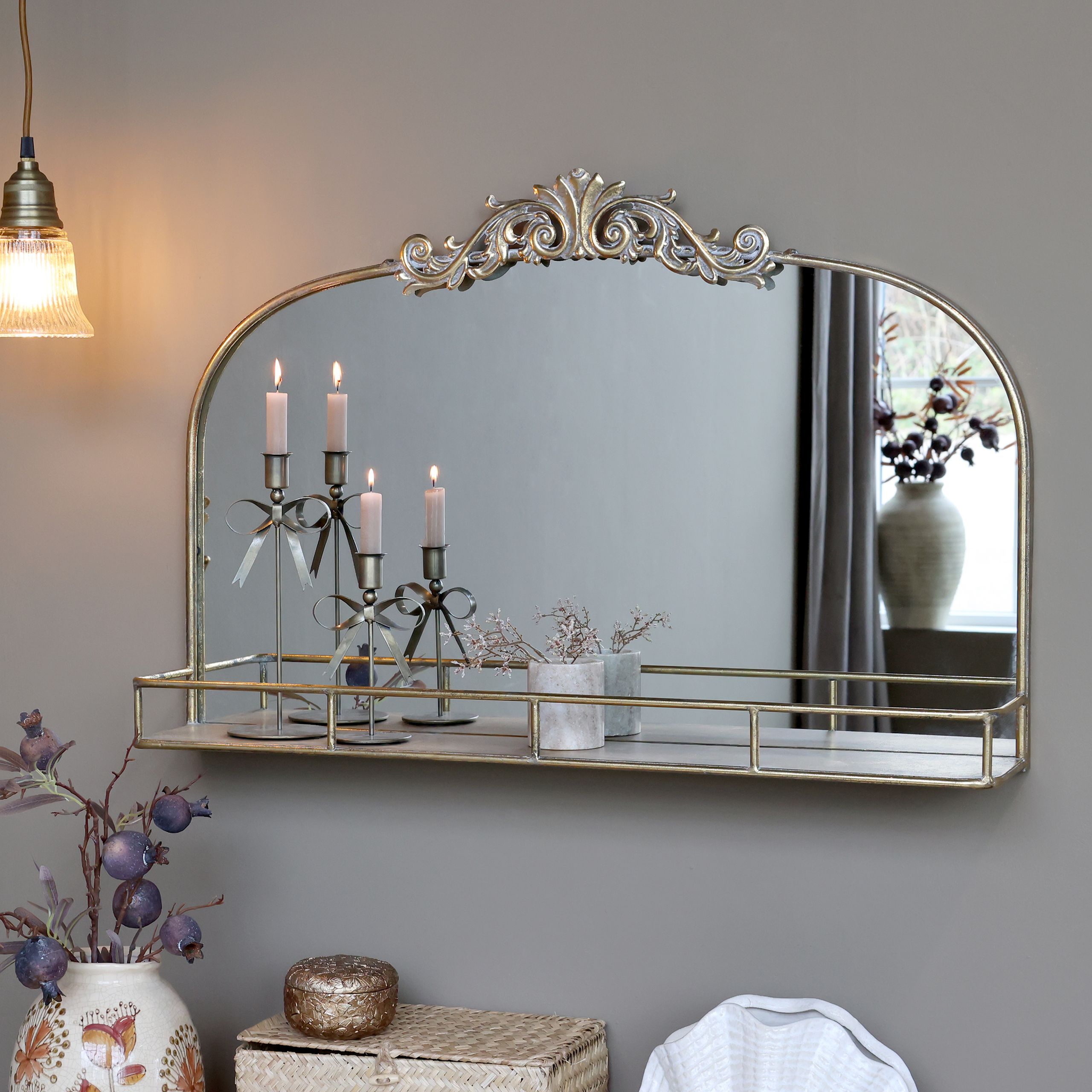 Vintage Wandspiegel mit Ablage in Antik-Gold