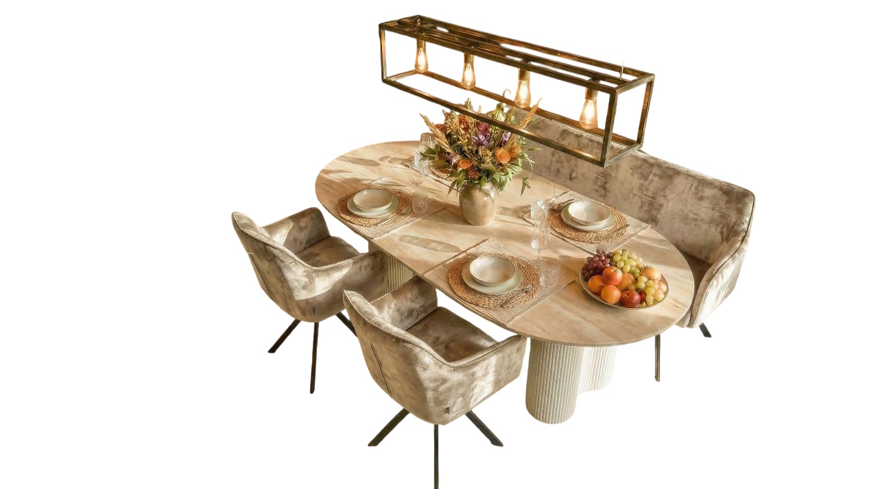 Essgruppe Bari 180 Travertin Metall + 2 Stühle + Bank Raster Samt Champagner