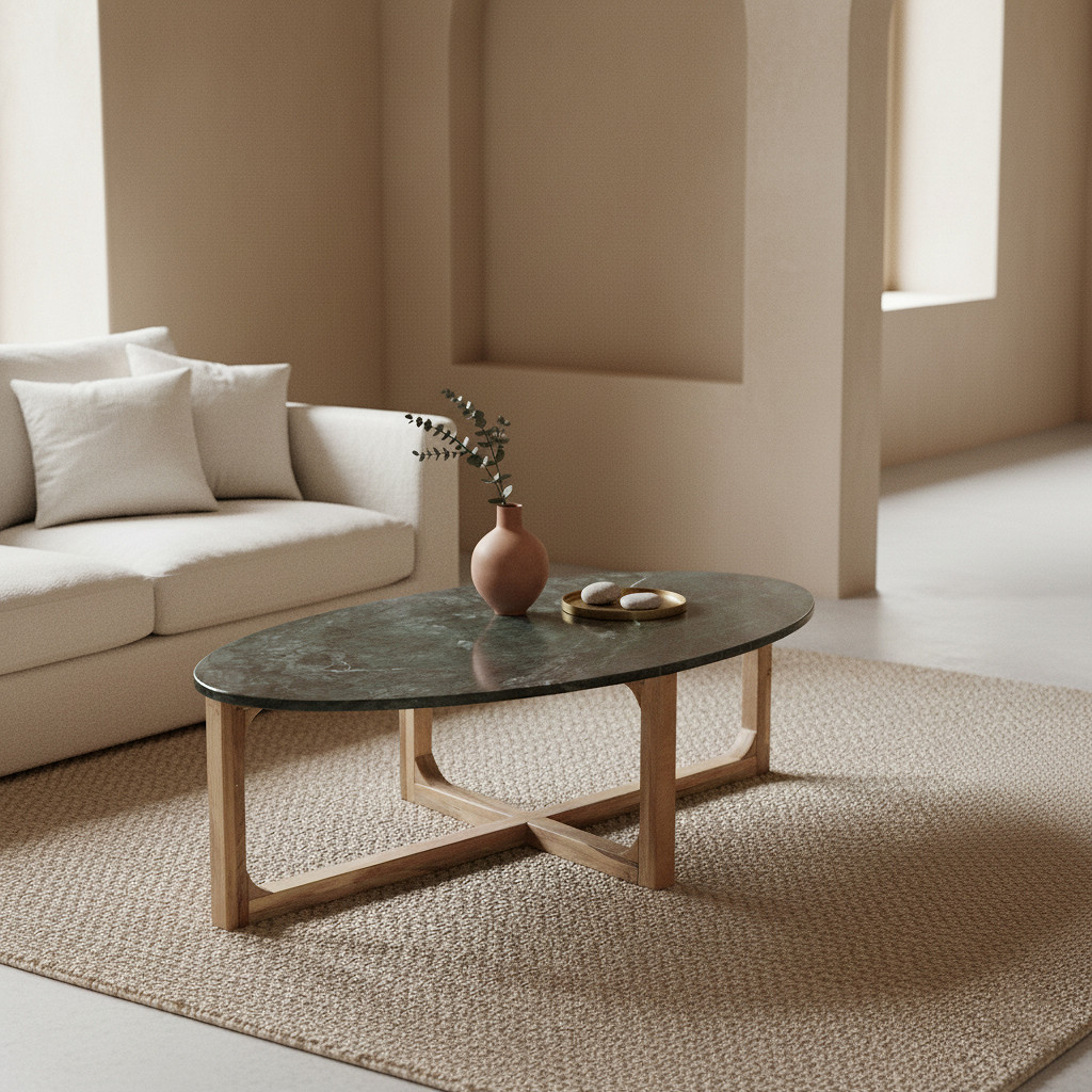 Retro Couchtisch Marble Marmor Holz oval Grün