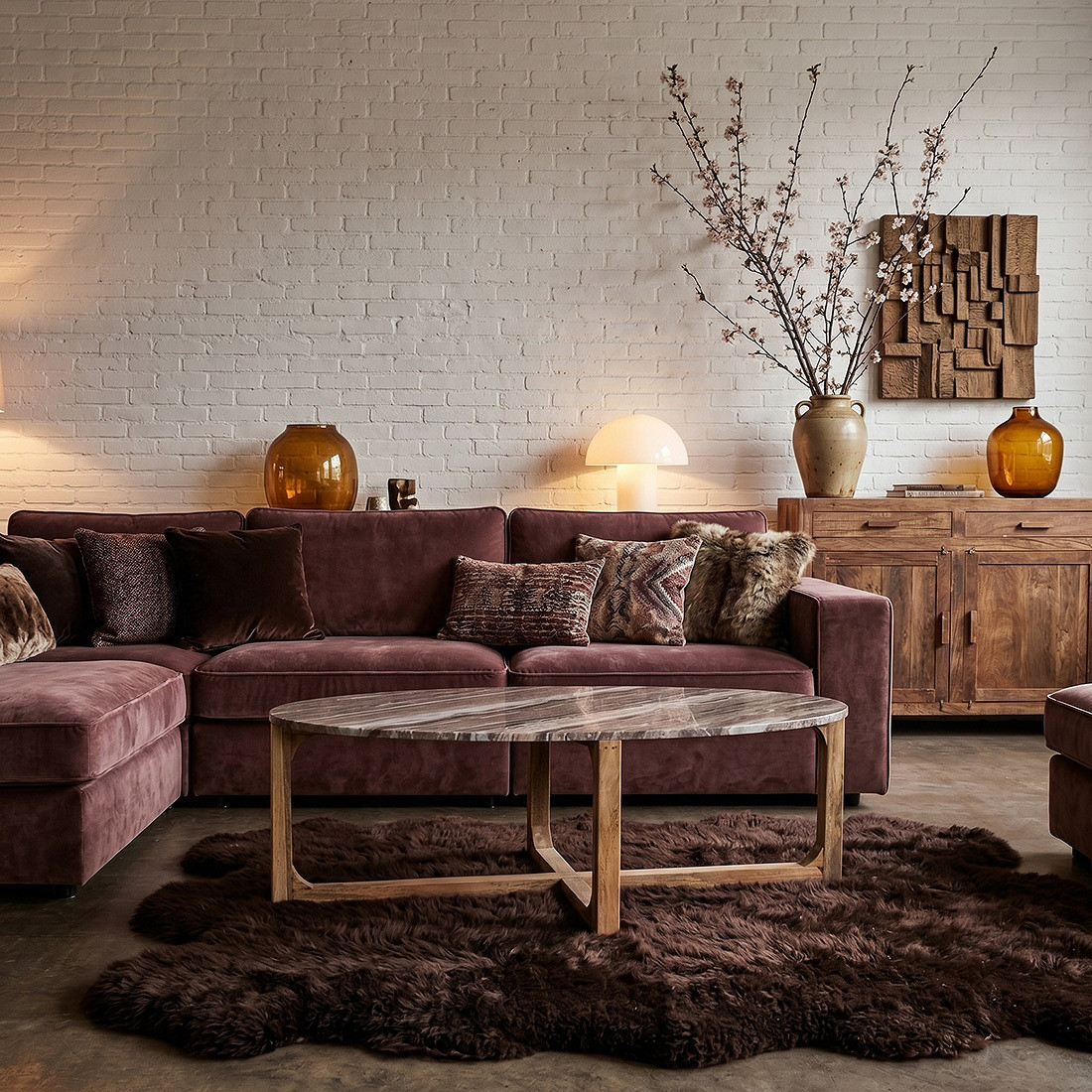 Retro Couchtisch Marble Marmor Holz Oval Grau/Braun