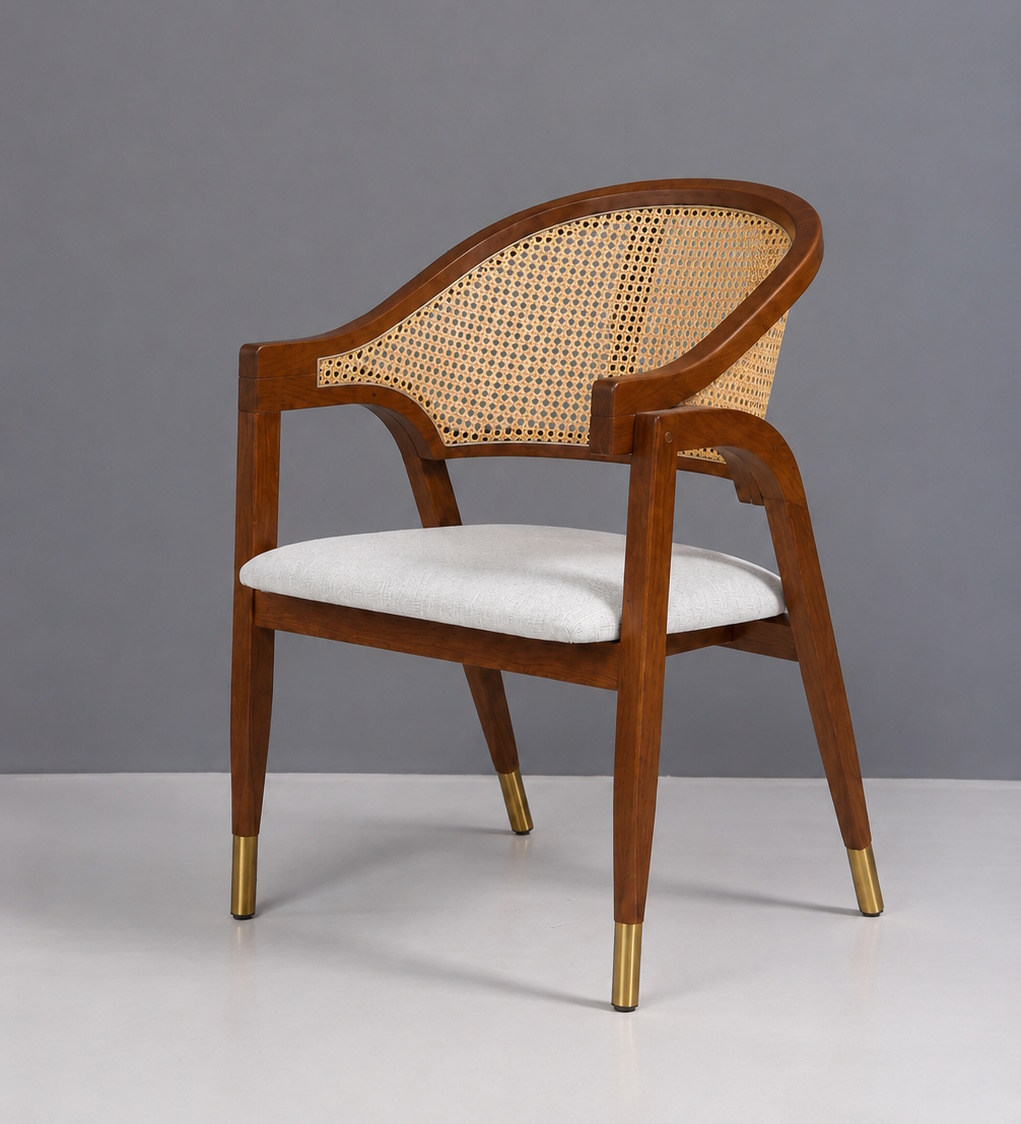 Esszimmerstuhl Aureo Mid-Century Massivholz Rattan Walnuss