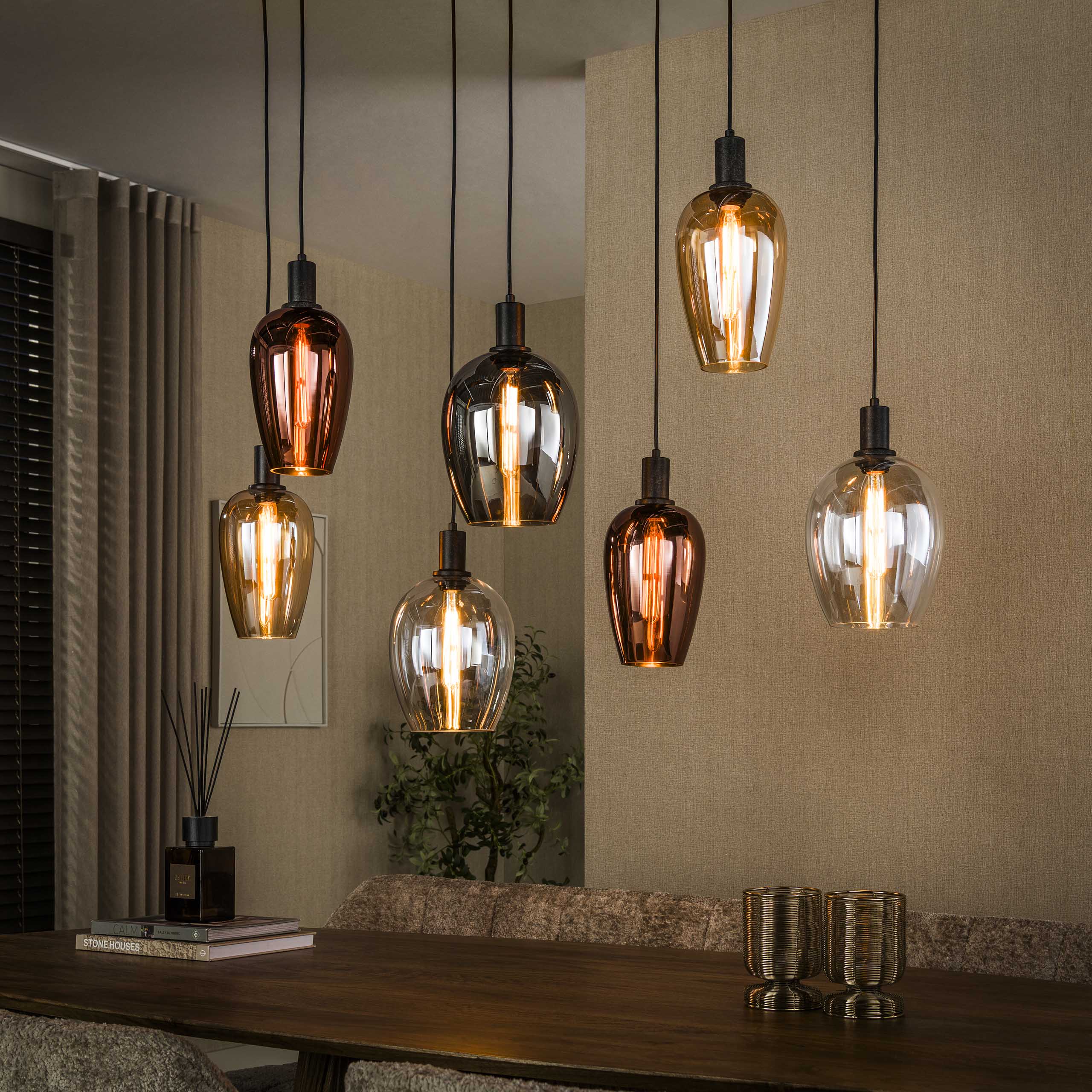 Hängelampe Pendelleuchte 7 Amphoren Glas Bernstein Kupfer Chrom 