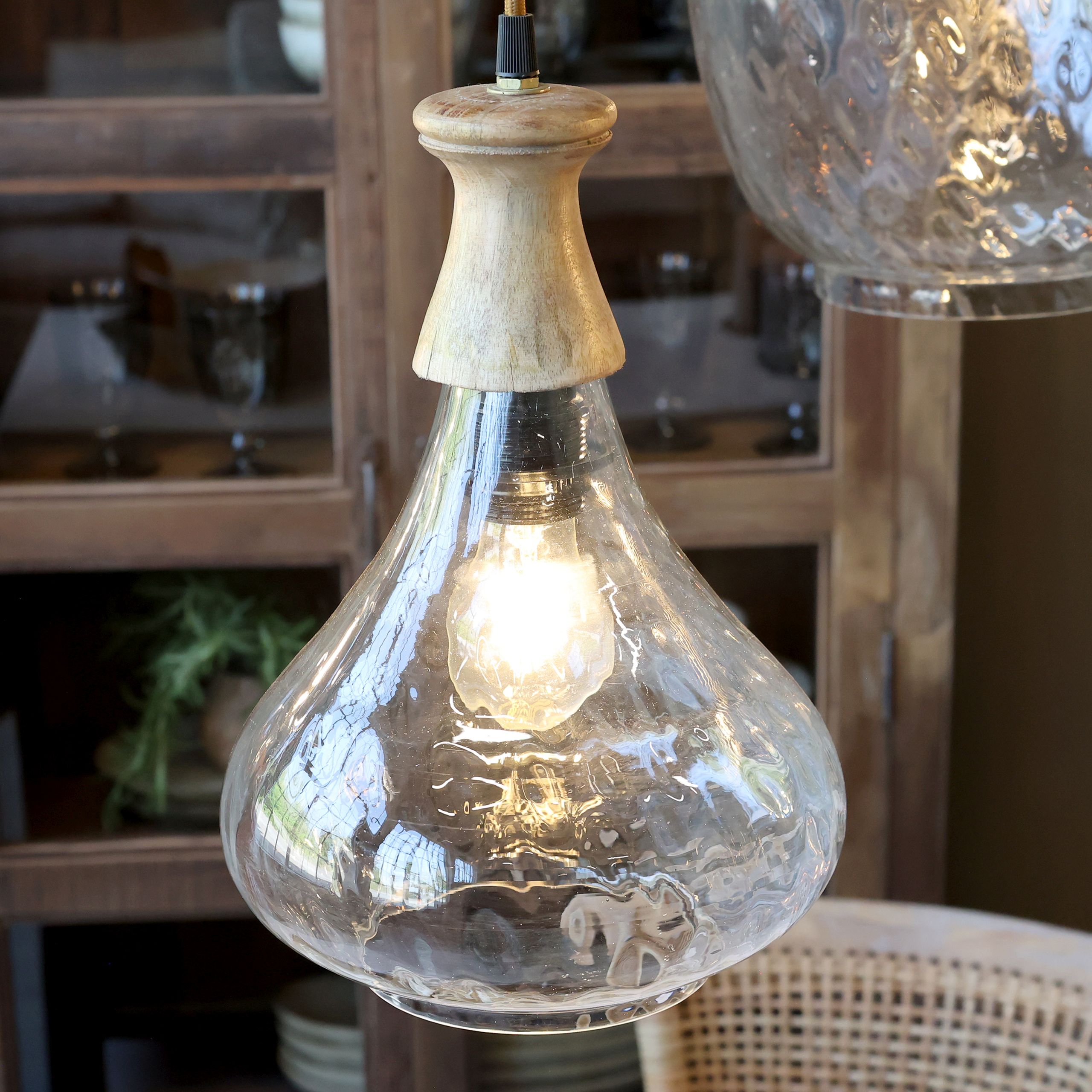 Vintage Hängelampe Maison De Campagne Glas Mangoholz Tropfen