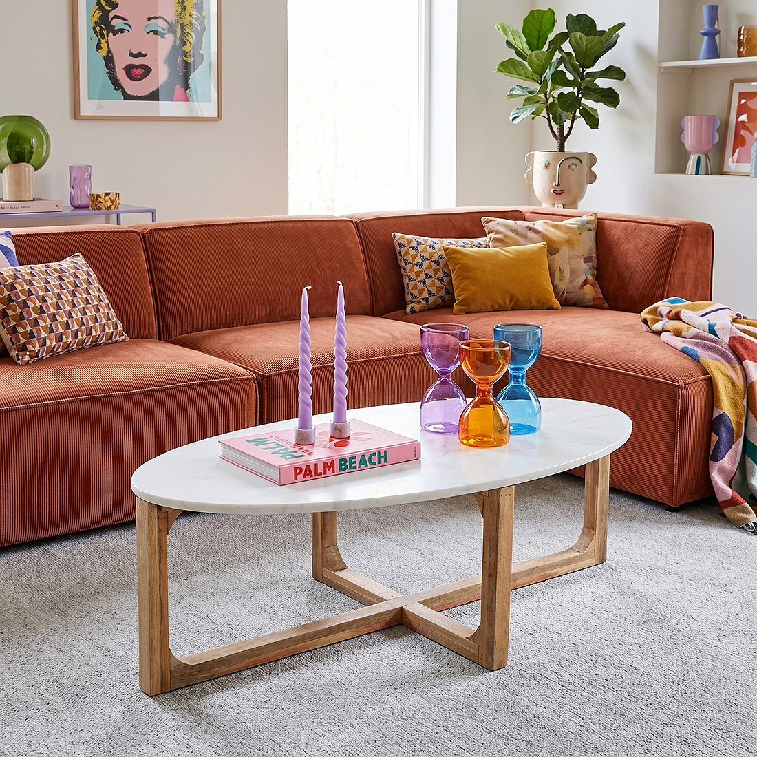 Retro Couchtisch Marble Marmor Holz Oval Weiß