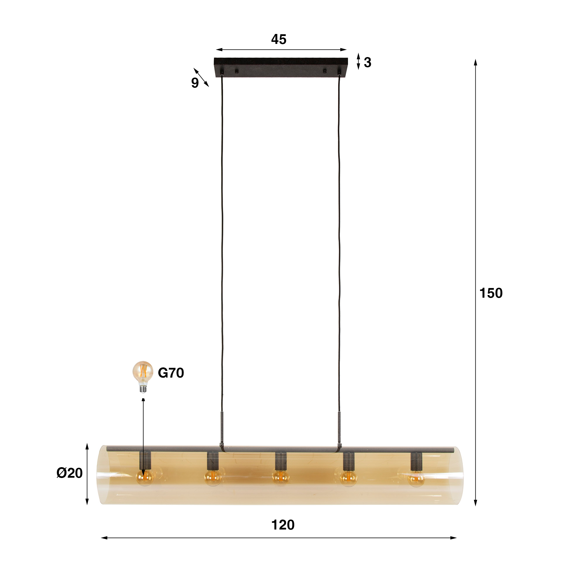 Industrial Hängelampe Tube Glas Amber 120 cm Industrial Hängelampe Tube Glas Amber 120 cm