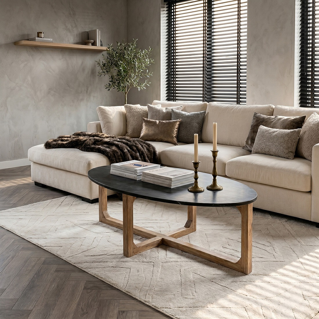 Retro Couchtisch Marble Marmor Holz Oval Schwarz