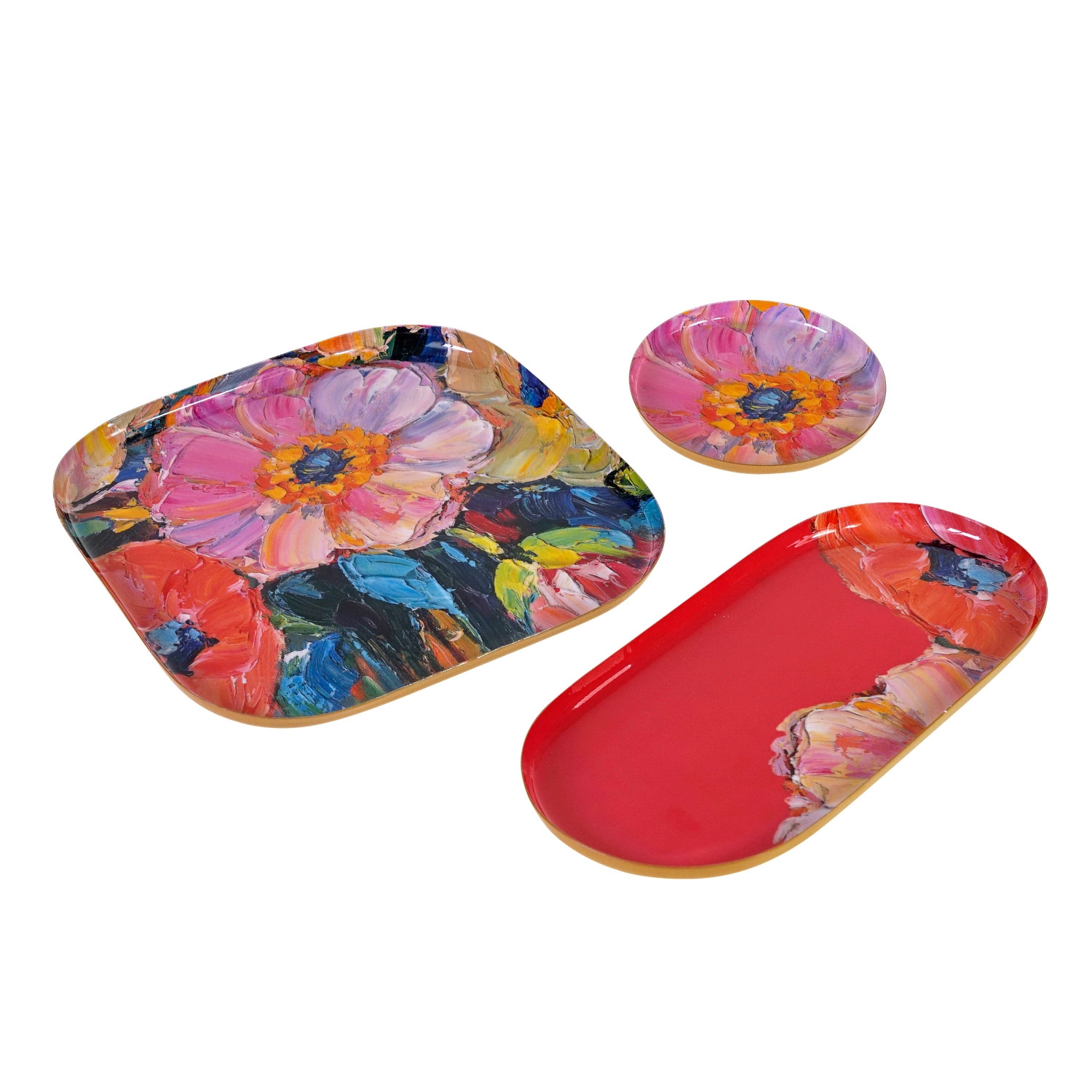 Vintage Tablett 3er Set Garden of Eden Blumenmotive Metall Rot