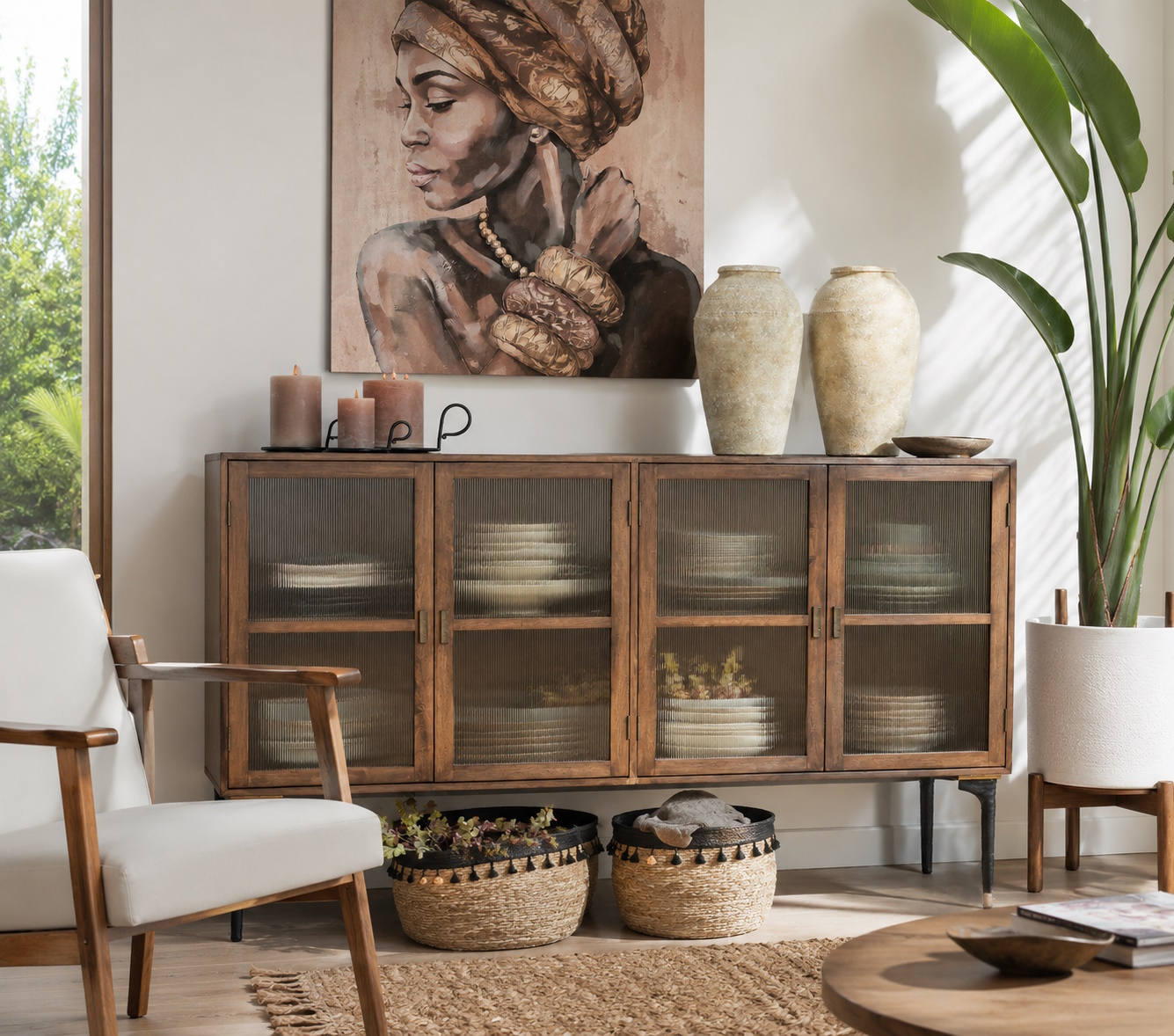 Vintage Vitrine Sideboard Antoine Holz Metall gerippte Front