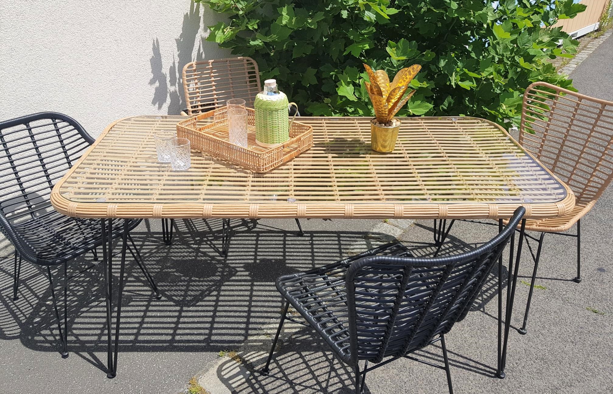 Rattan Esstisch 180/90 Hacienda Natur Bambusoptik In/Outdoor Glasplatte