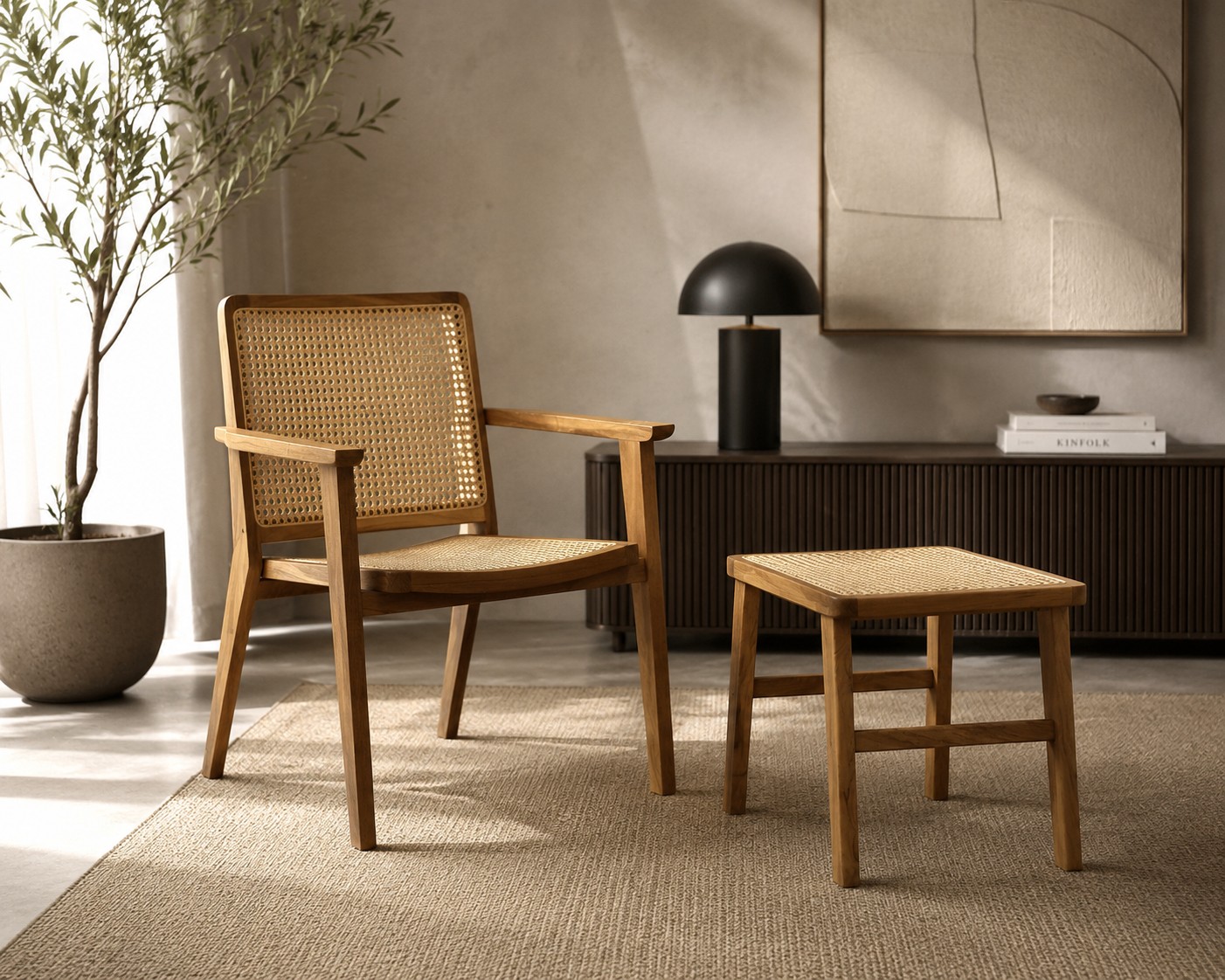 Esszimmerstuhl & Hocker Nova Teak Rattan Wiener Geflecht Armlehnen
