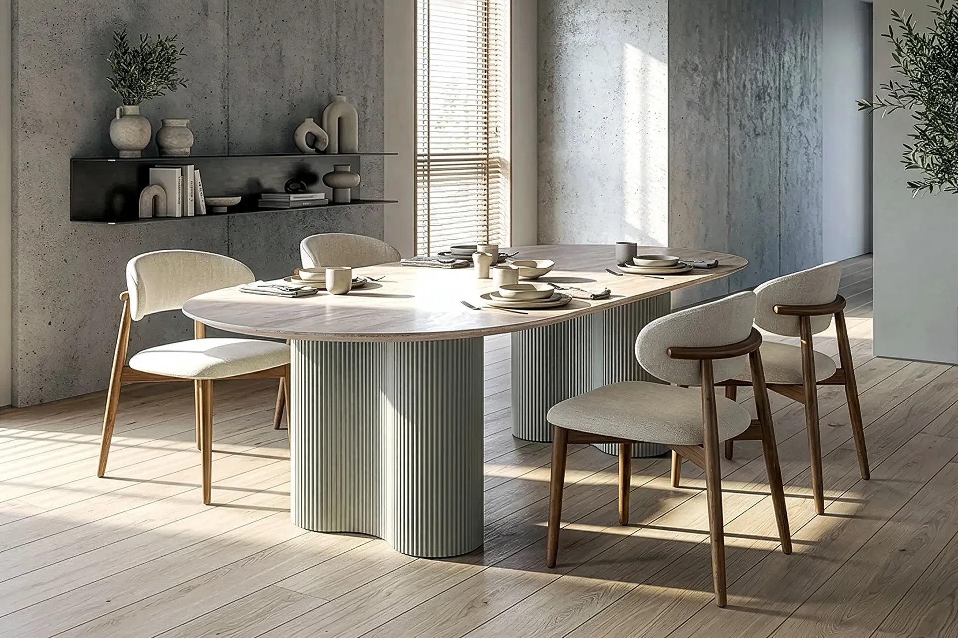 Essgruppe Bari 160 Travertin Metall + 4 Holzstühle Linea