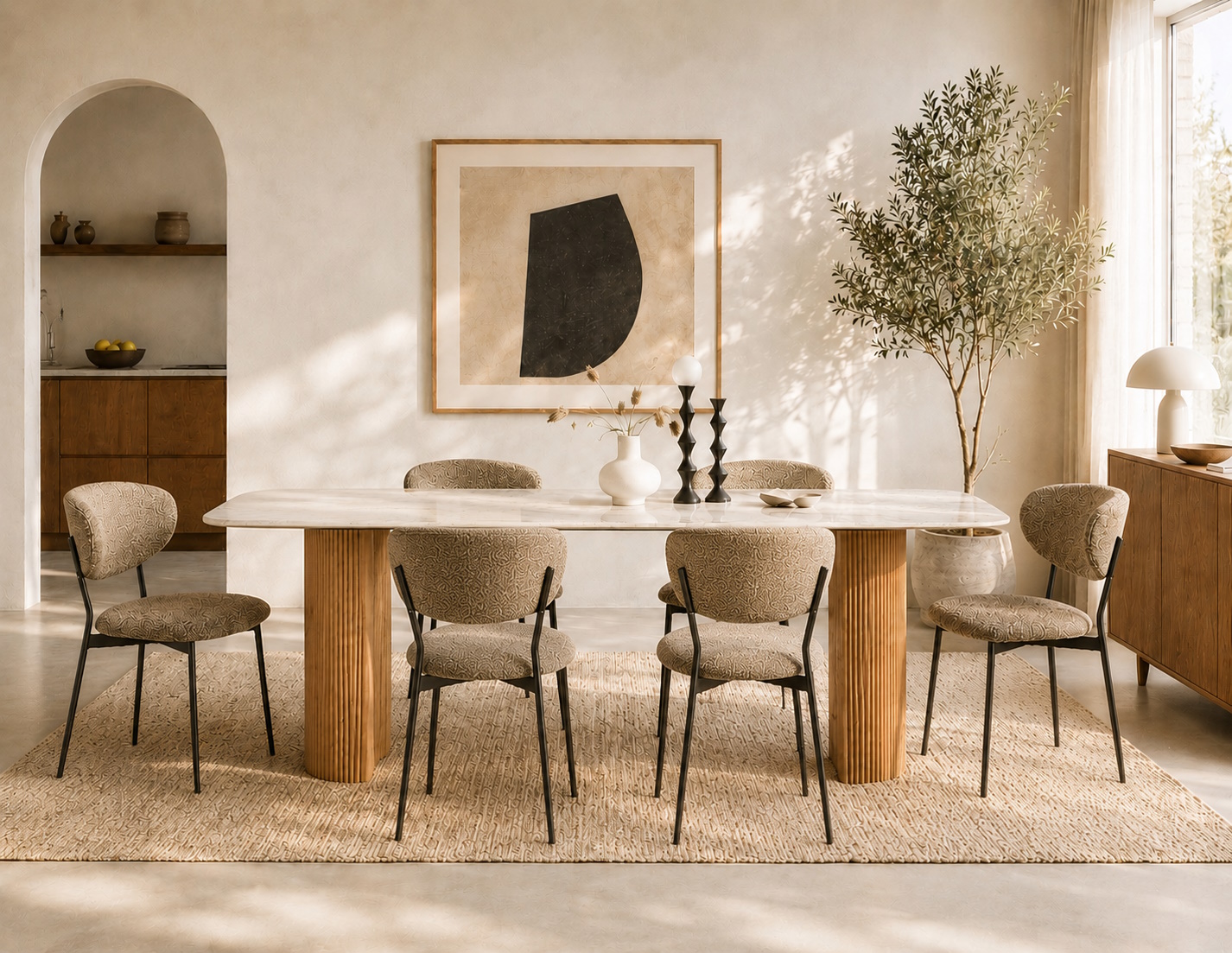  Essgruppe Travertin Tisch Roma + 6 Esszimmerstühle Kjeld Grün