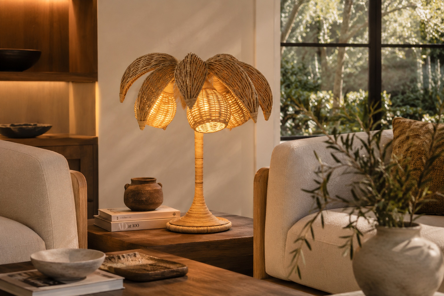 Retro Tischlampe 70's Palmtree Weidengeflecht 65 cm