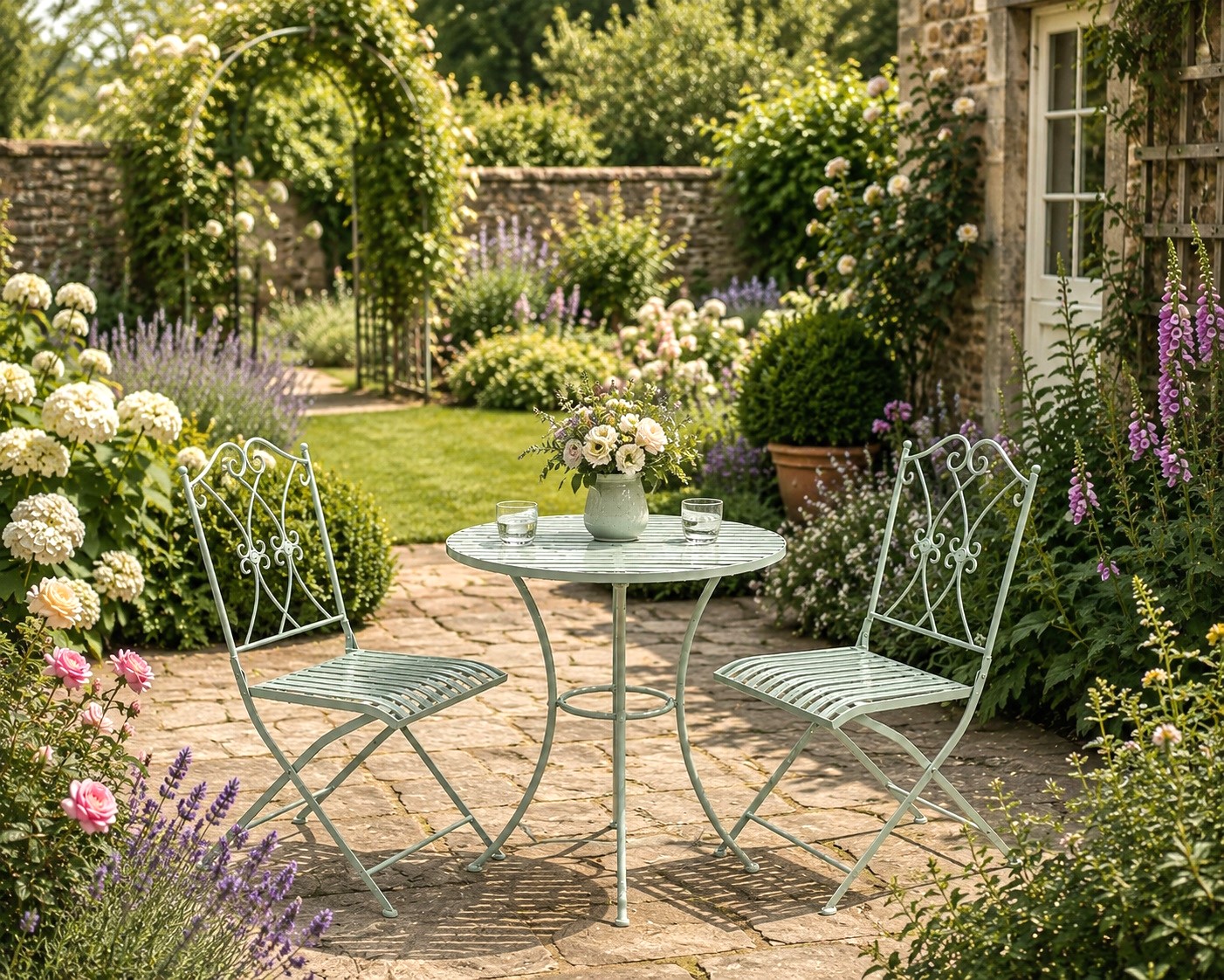 Vintage Garten/Balkon-Set Jardin Metall Antik-Mint zwei Stühle ein Tisch