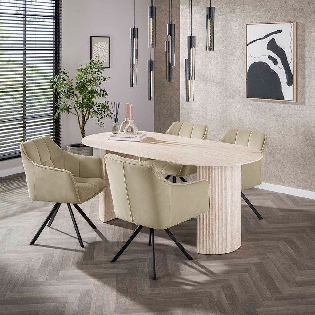 Essgruppe Arch Organic 180 Travertin + 4 Stühle Samt Champagner