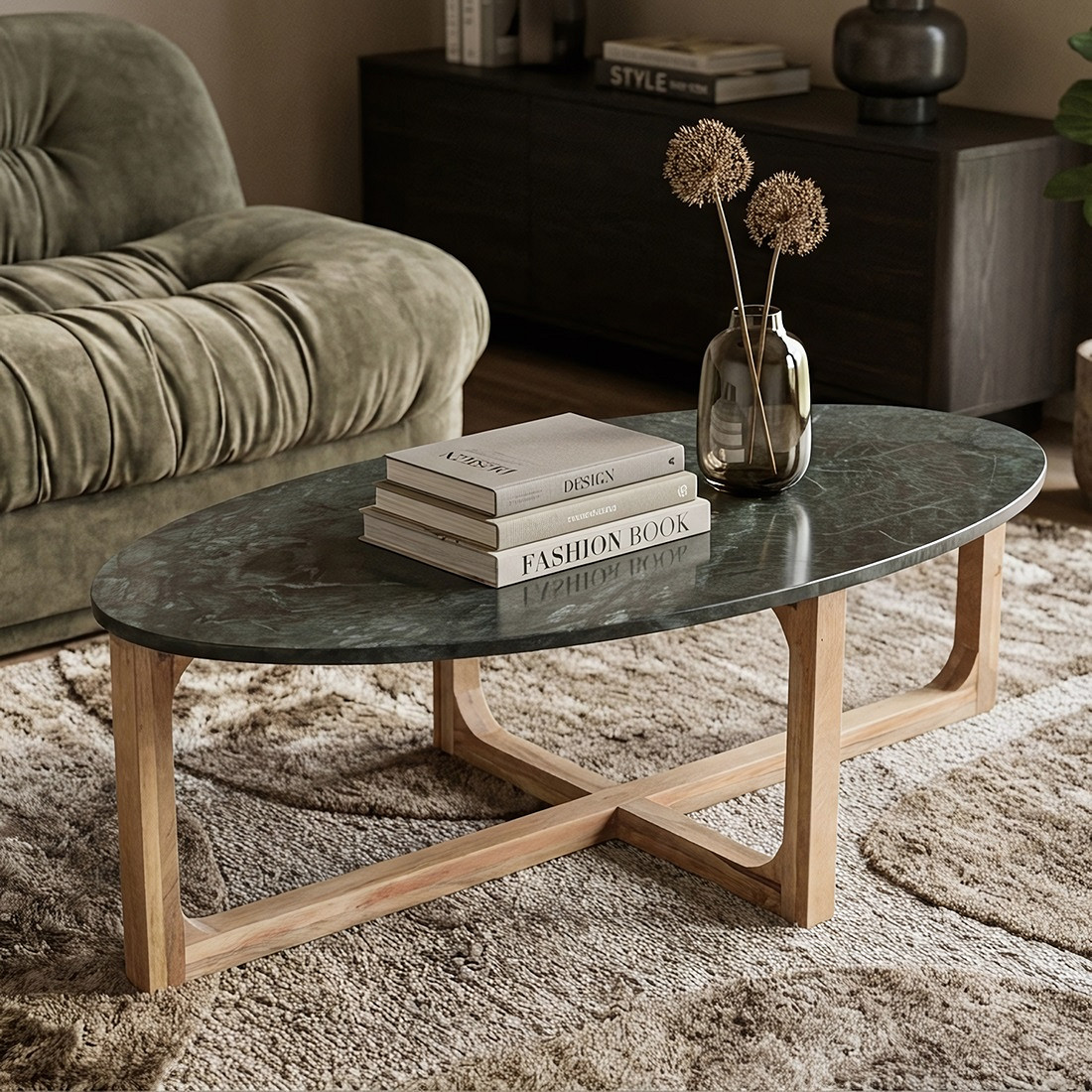 Retro Couchtisch Marble Marmor Holz Oval Grün