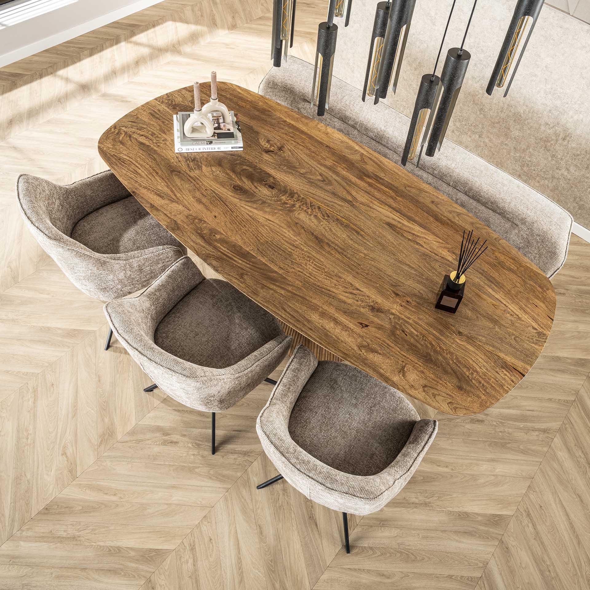 Retro Esstisch Mangoholz Wave 215 cm oval gerilltes konisches Bein