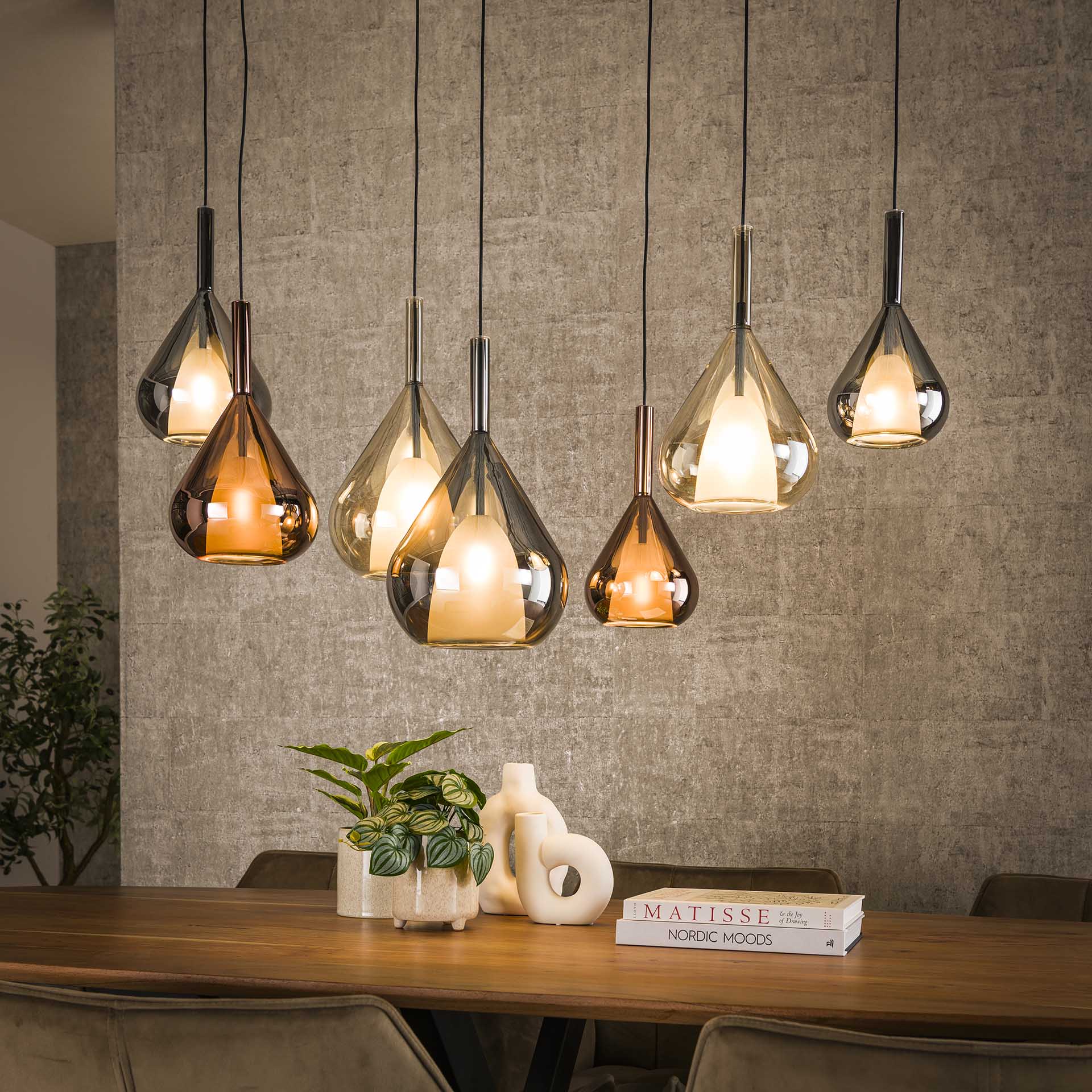 Retro Hängelampe Pendelleuchte 7 Wings Glas Bernstein Kupfer Chrom Retro Hängelampe Pendelleuchte 7 Wings Glas Bernstein Kupfer Chrom
