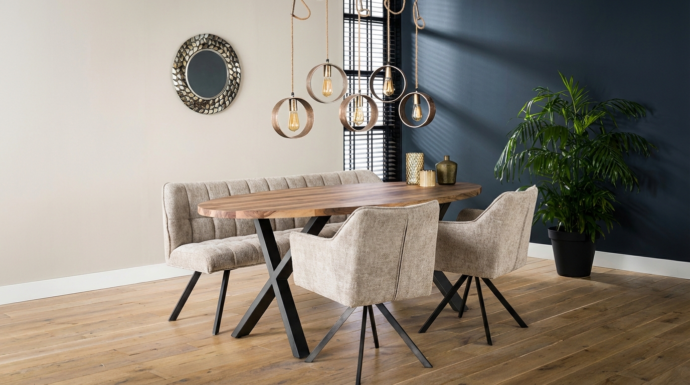 Set Essgruppe Polsterbank Raster + 2 Armlehnstühle Strukturstoff Sand