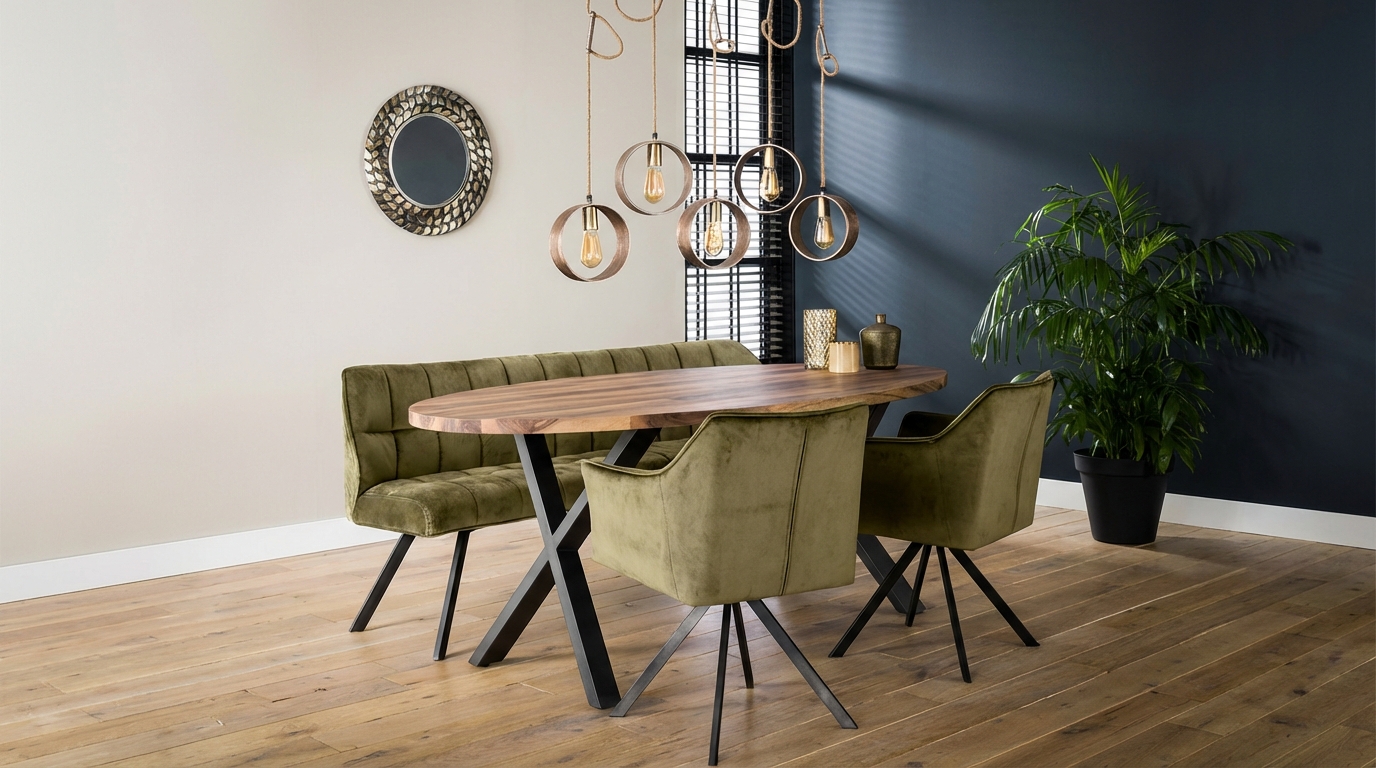 Set Essgruppe Polsterbank Raster + 2 Armlehnstühle Samt Grün