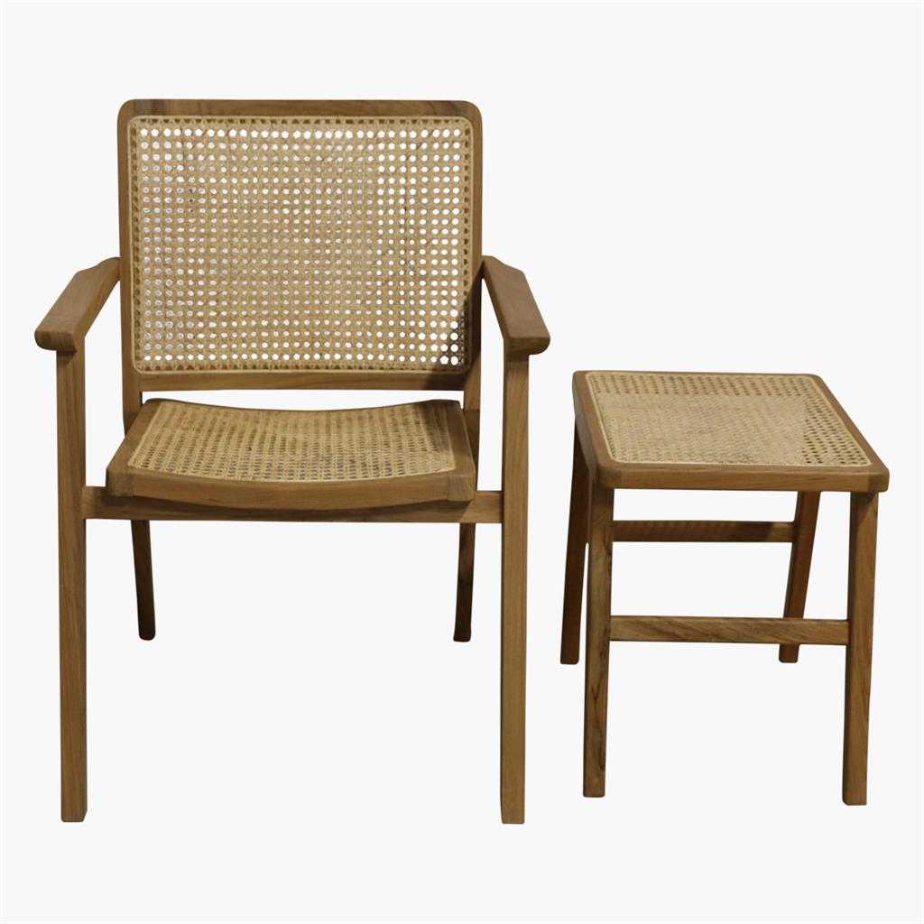 Esszimmerstuhl und Hocker Nova Teak Retro Rattan Wiener Geflecht Armlehnen