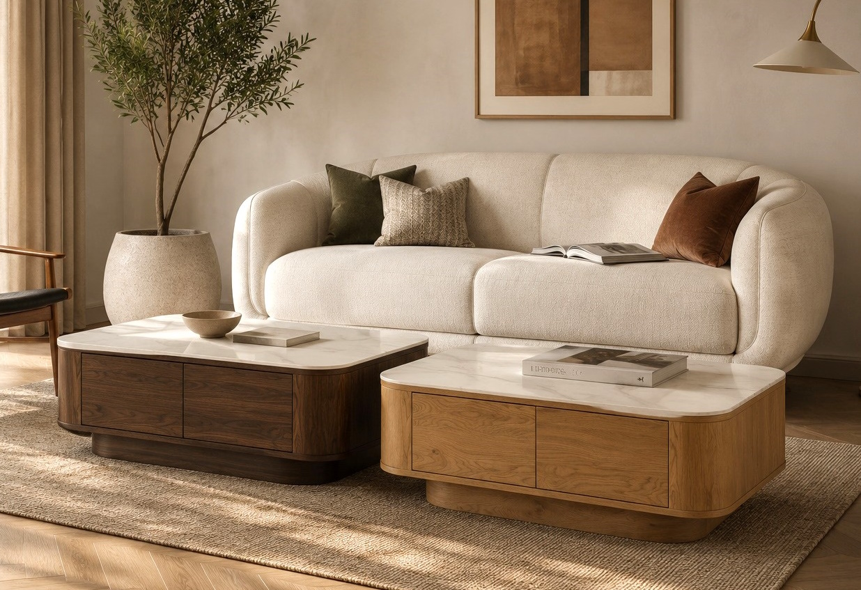 Couchtisch Almira Warm-Scandi 2-Schub Eiche Walnuss Marmoroptik
