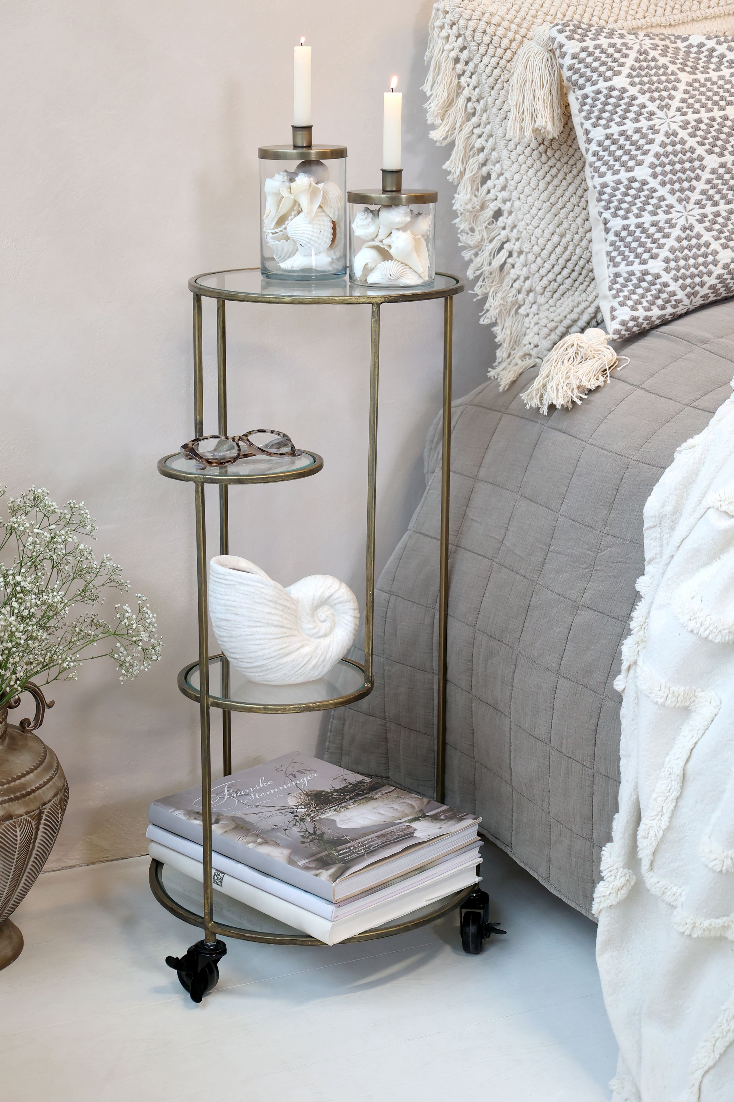 Vintage Beistelltisch Nachttisch Zoé Metall Antik-Gold 4 Ablagen