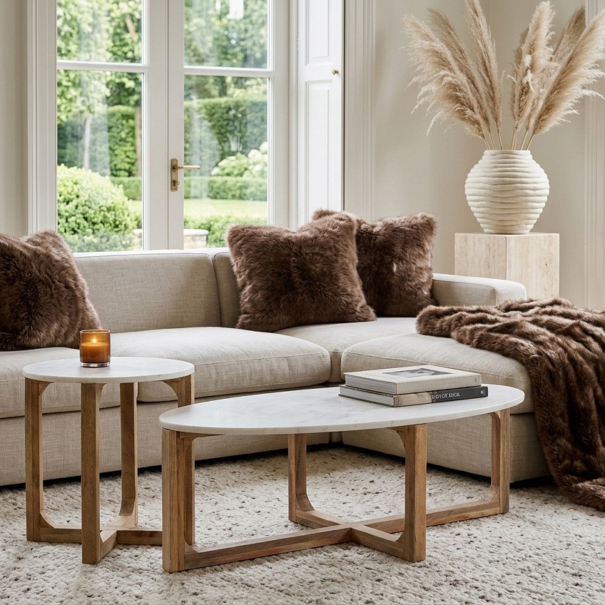 Retro Couchtisch Marble Marmor Holz Oval Weiß
