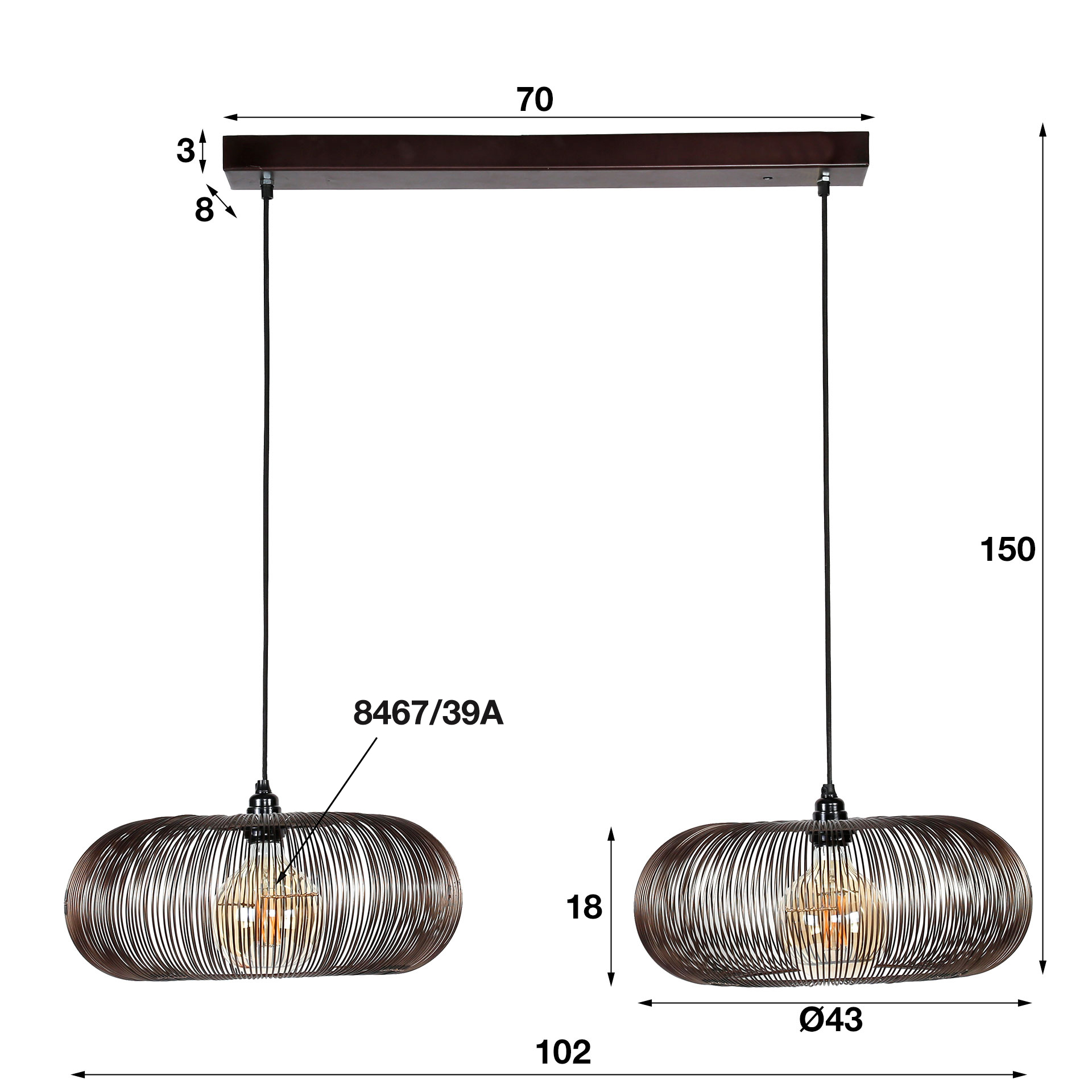 Hängelampe Industrial Kupferdraht Twist 2x Ø43cm