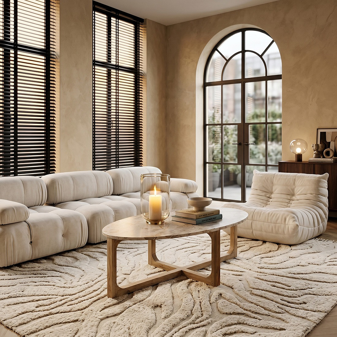 Retro Couchtisch Marble Marmor Holz Oval Cream