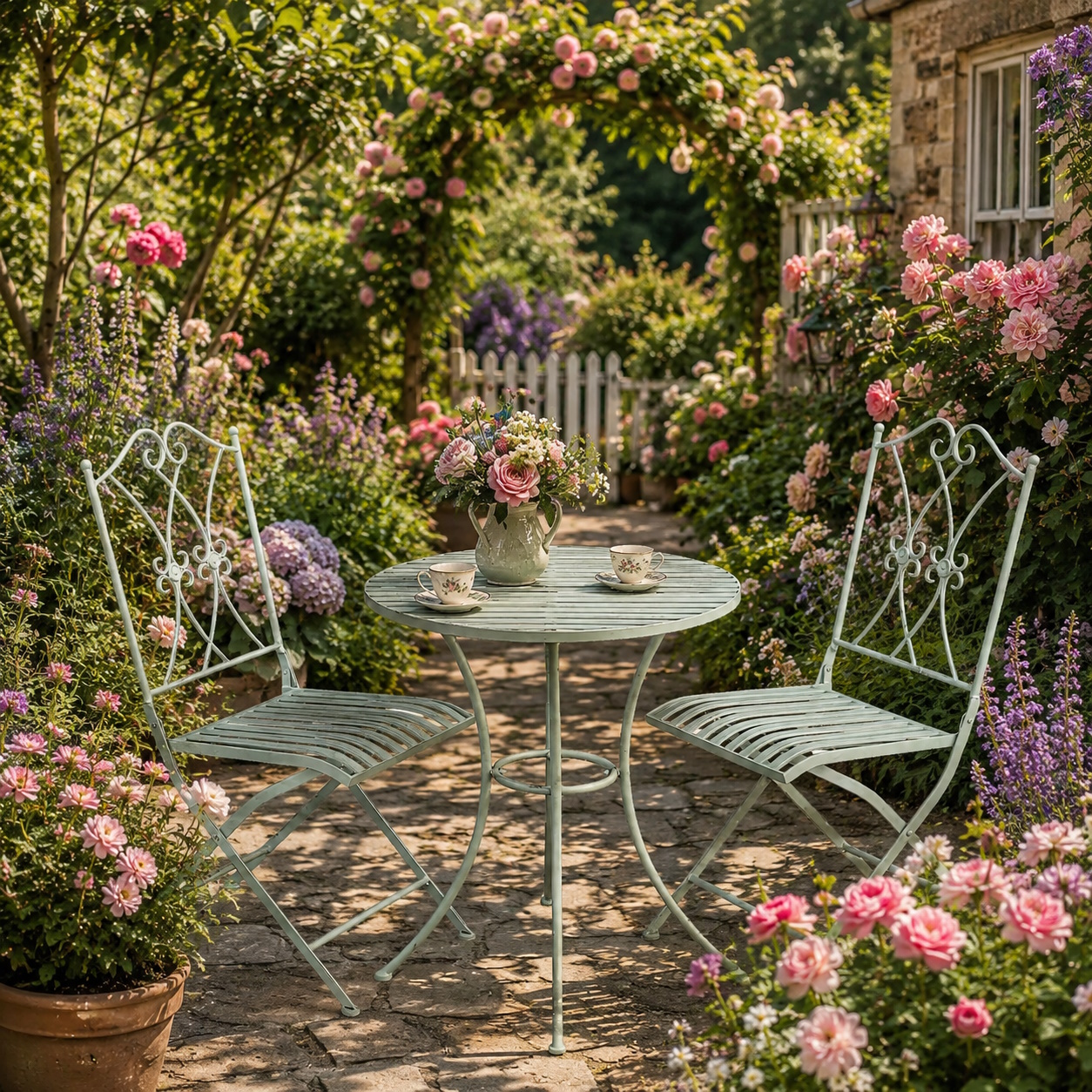 Vintage Garten/Balkon-Set Jardin Metall Antik-Mint zwei Stühle ein Tisch