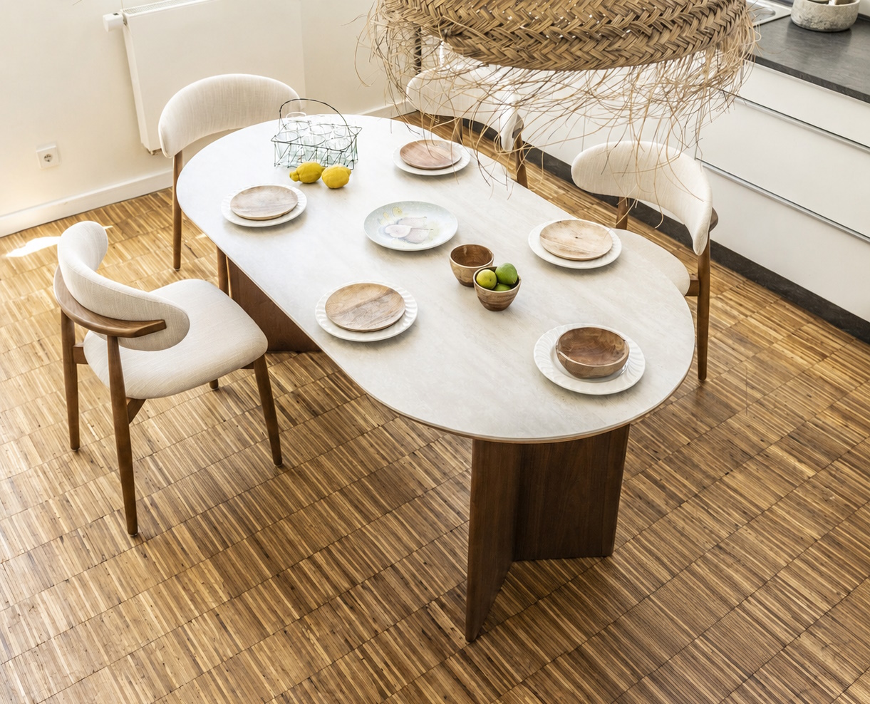 Essgruppe Travertin Tisch Tivoli 180 + 4 Esszimmerstühle Linea
