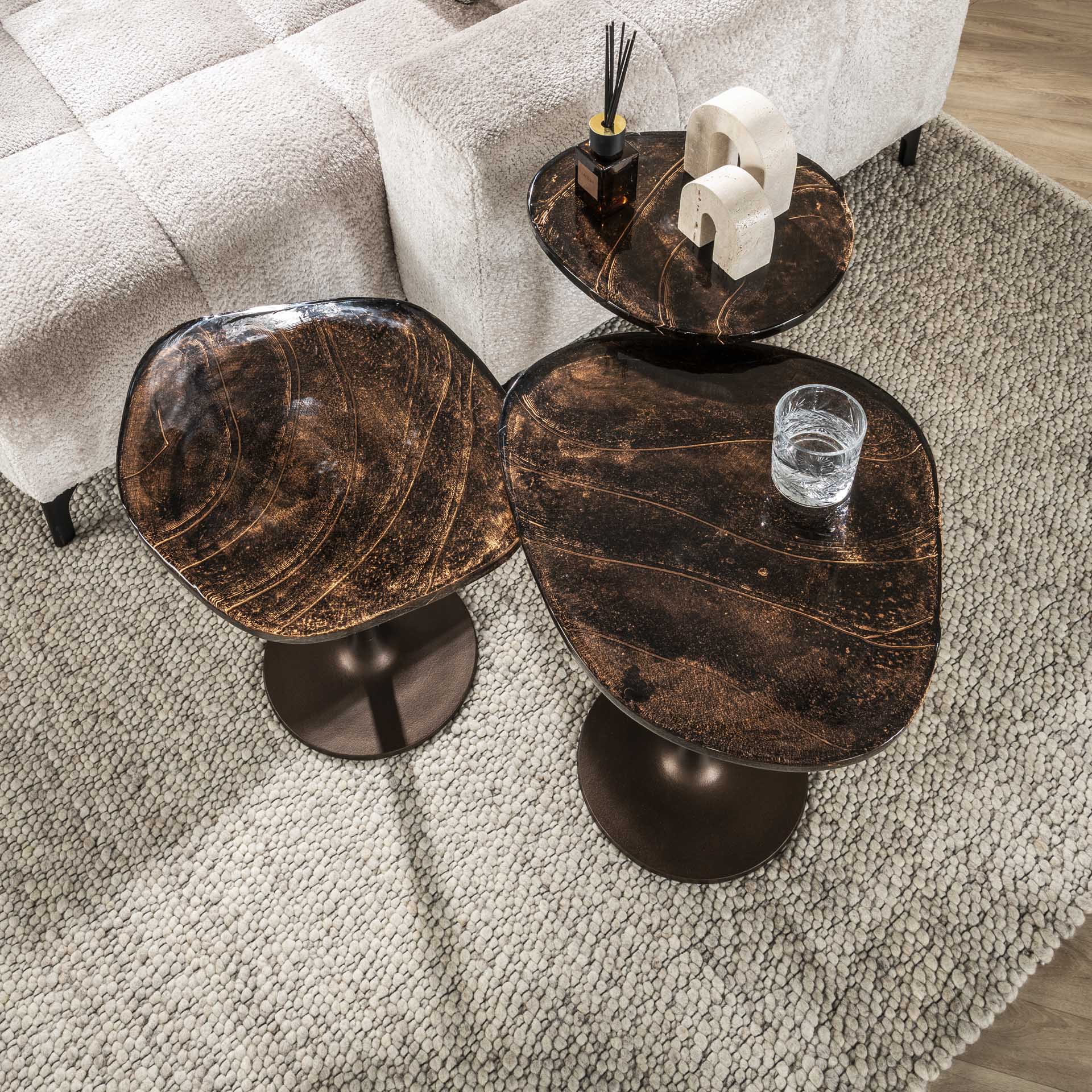 Retro Beistelltische Eclipse Glas Metall Antik-Kupfer M