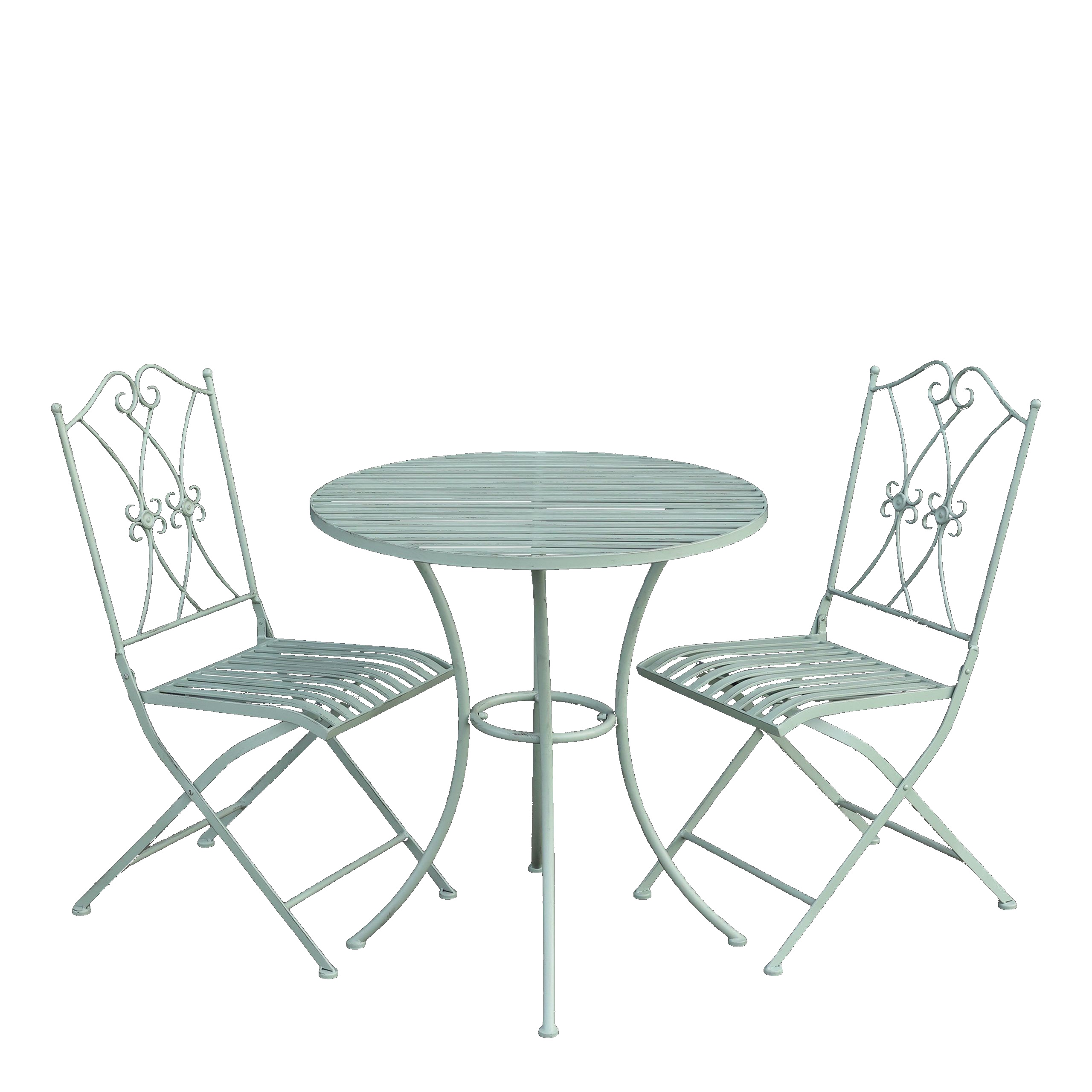 Vintage Set Jardin Metall Antik-Mint zwei Stühle ein Tisch