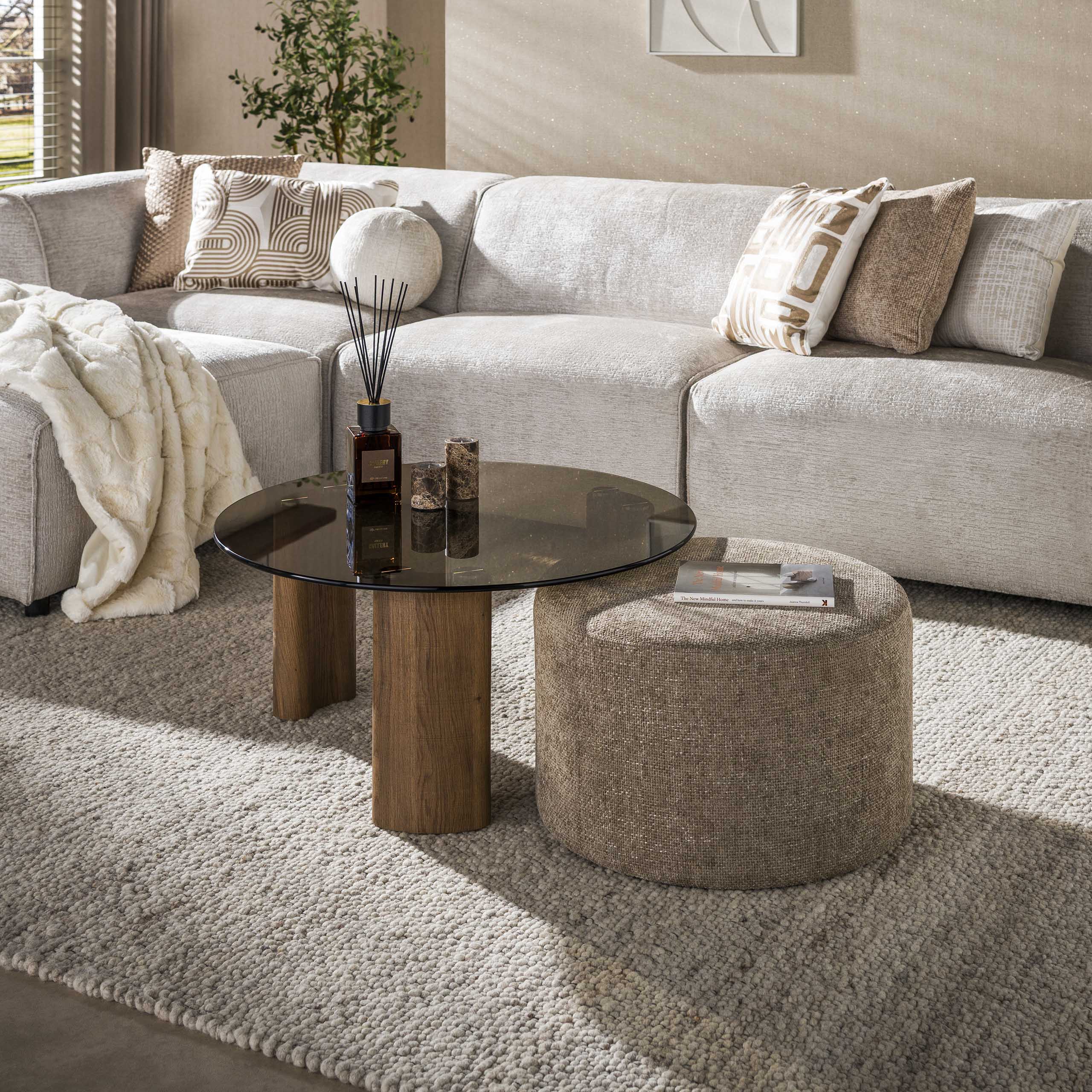 2er Set Retro Couchtisch und Pouf Tinto Rauchglas Eichenoptik