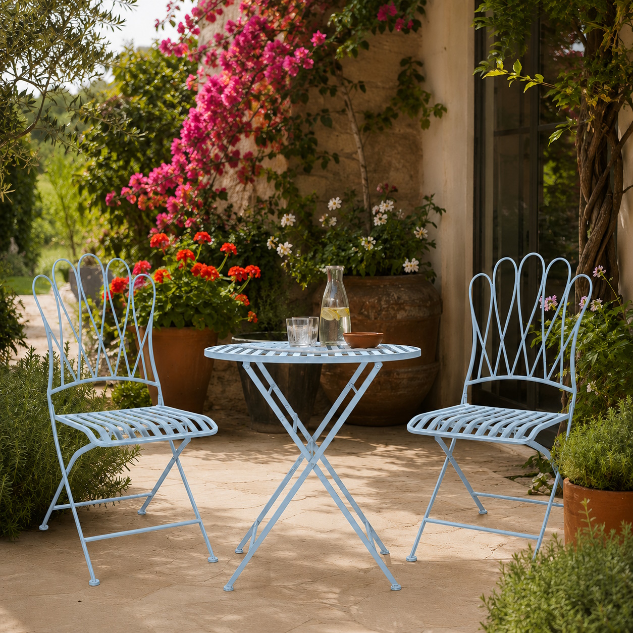 Vintage Garten/Balkon-Set Jardin Metall Himmelblau zwei Stühle ein Tisch