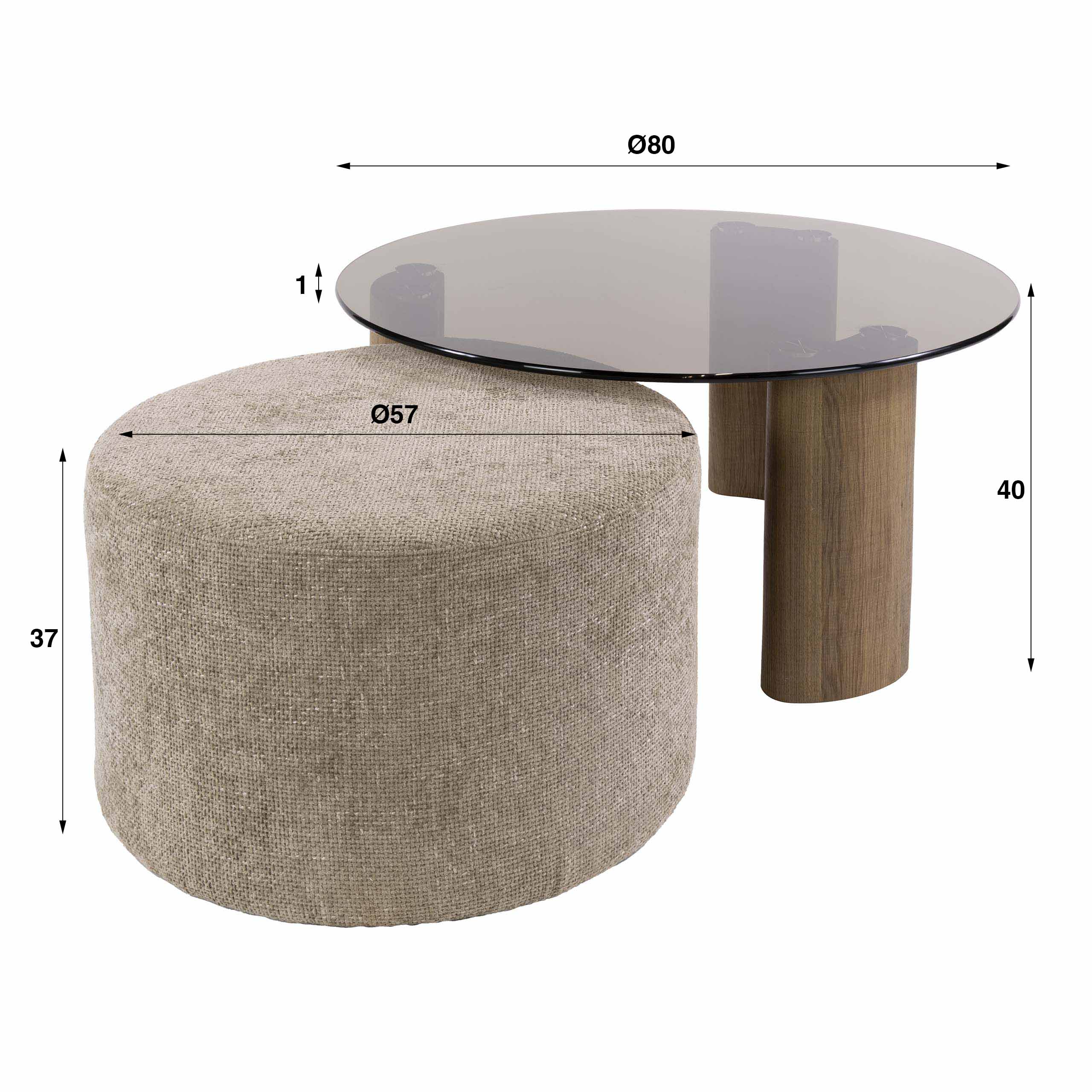 2er Set Retro Couchtisch und Pouf Tinto Rauchglas Eichenoptik