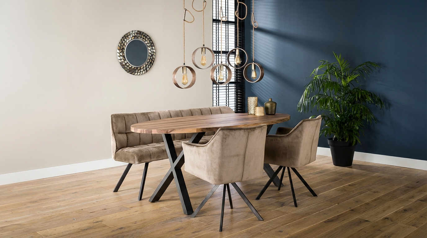 Set Essgruppe Polsterbank Raster + 2 Armlehnstühle Samt Champagner