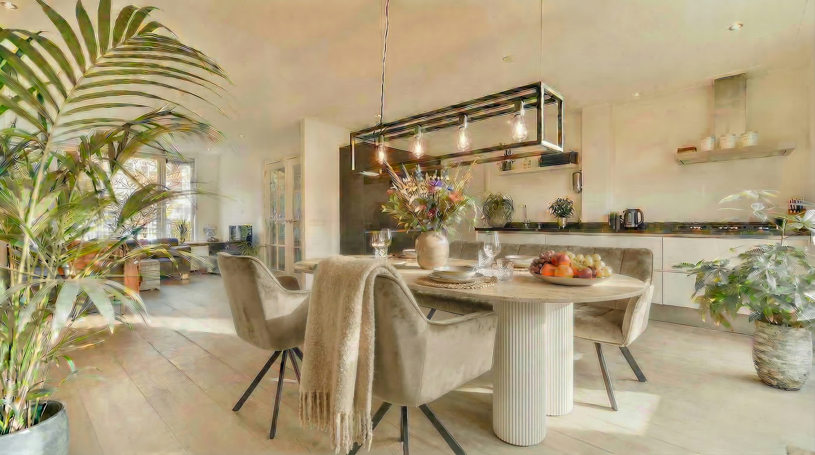 Essgruppe Bari 180 Travertin Metall + 2 Stühle + Bank Raster Samt Champagner