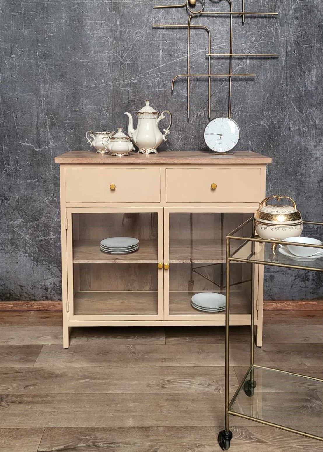 Landhaus Sideboard Vintage 2türig Provence Metall Holz Champagner