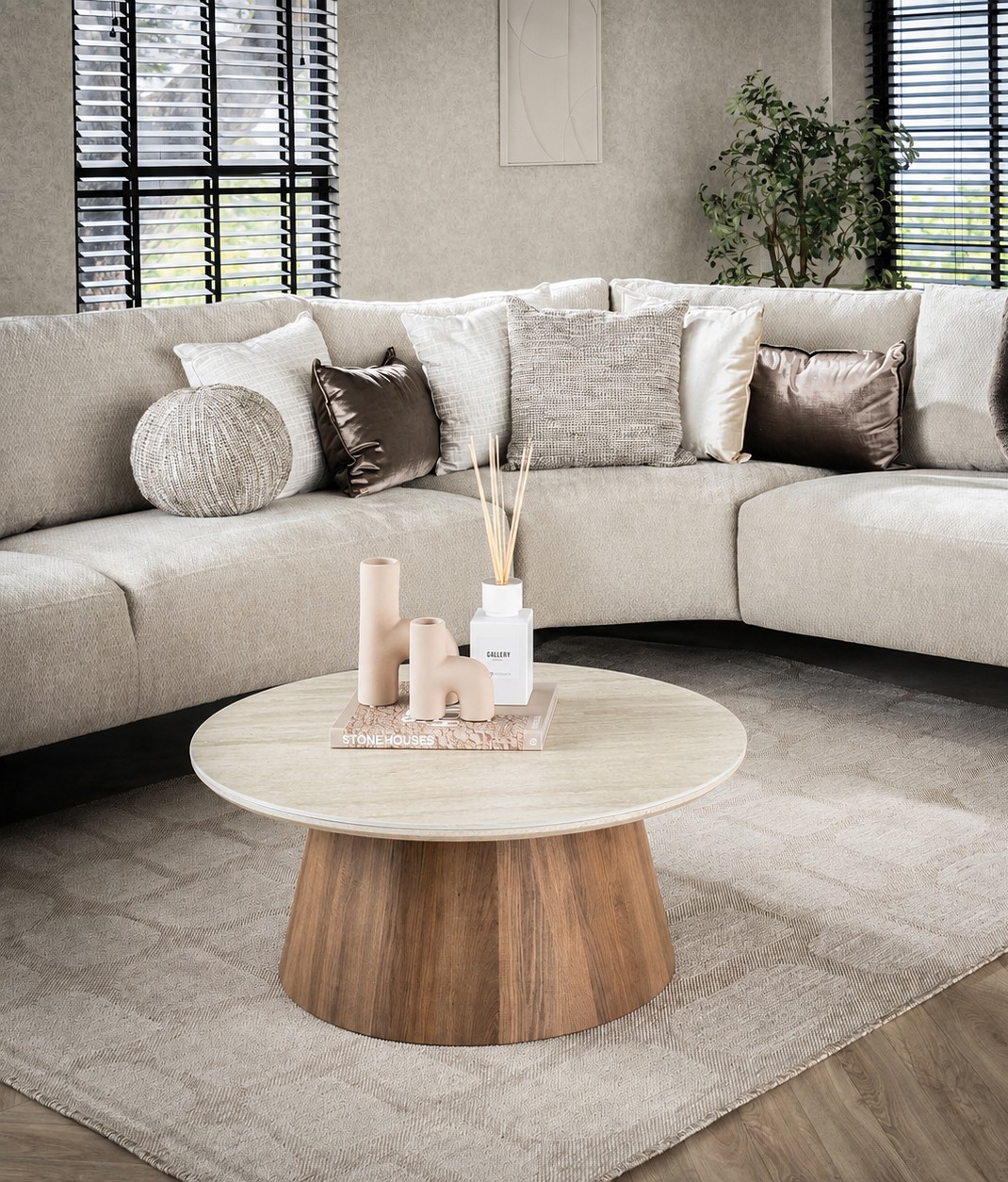 Retro Couchtisch Ø 80 Romano konisches Bein Travertin Keramik