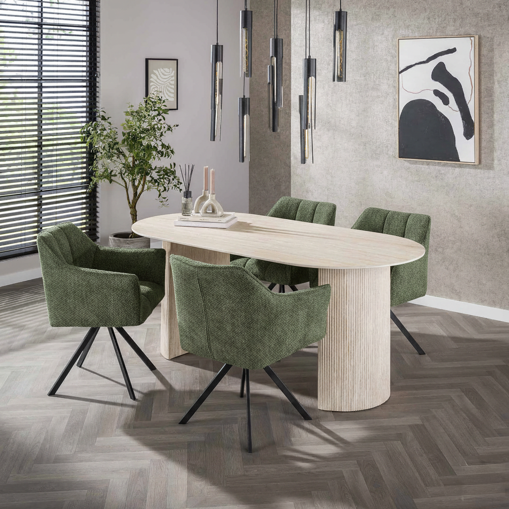 Essgruppe Arch 180 Travertin + 4 Stühle Strukturstoff Raster Grün